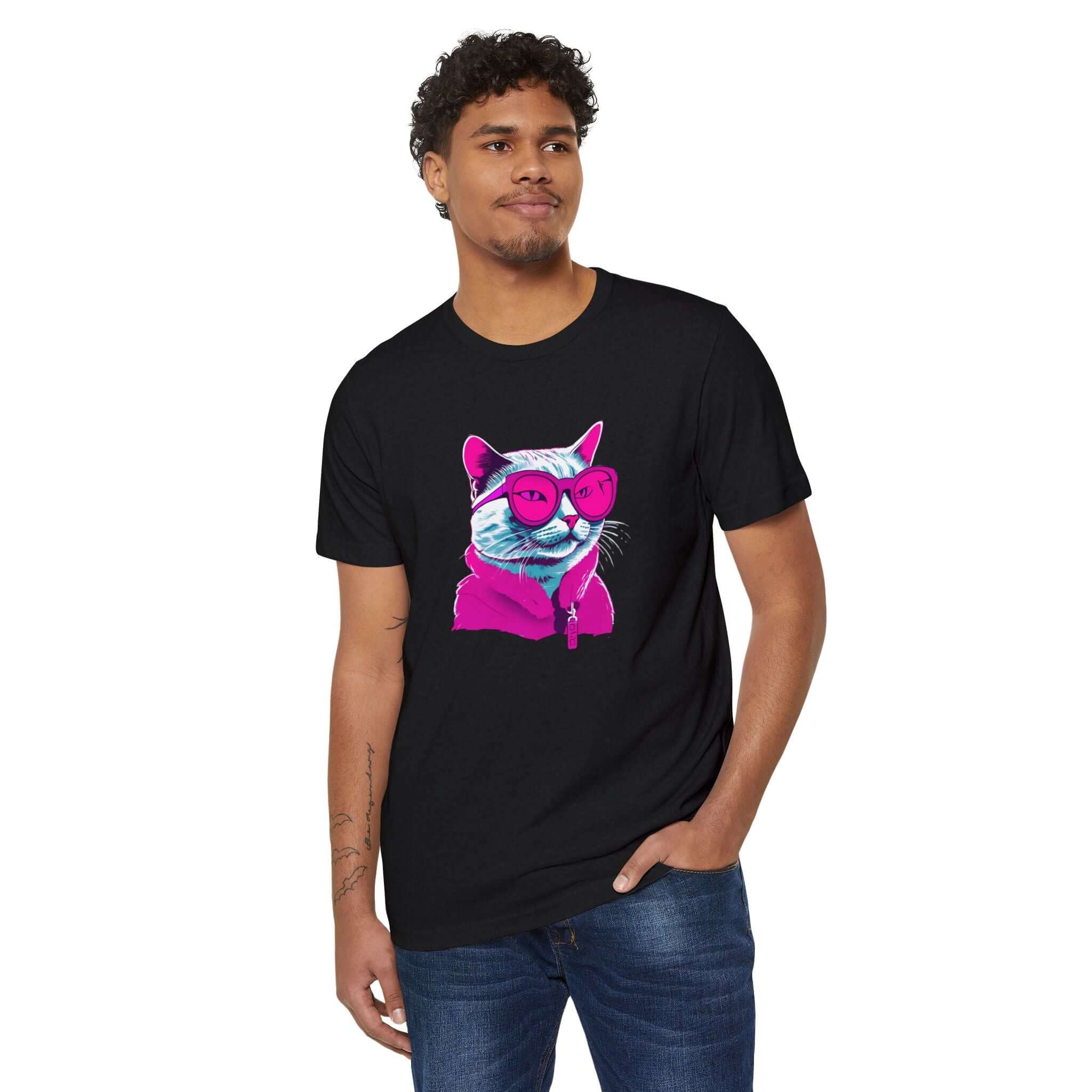 Neon Cat Graphic Unisex T-Shirt, Cool Cat Lovers Tee, Organic Cotton Shirt, Recycled Materials Top, Sustainable Fashion
