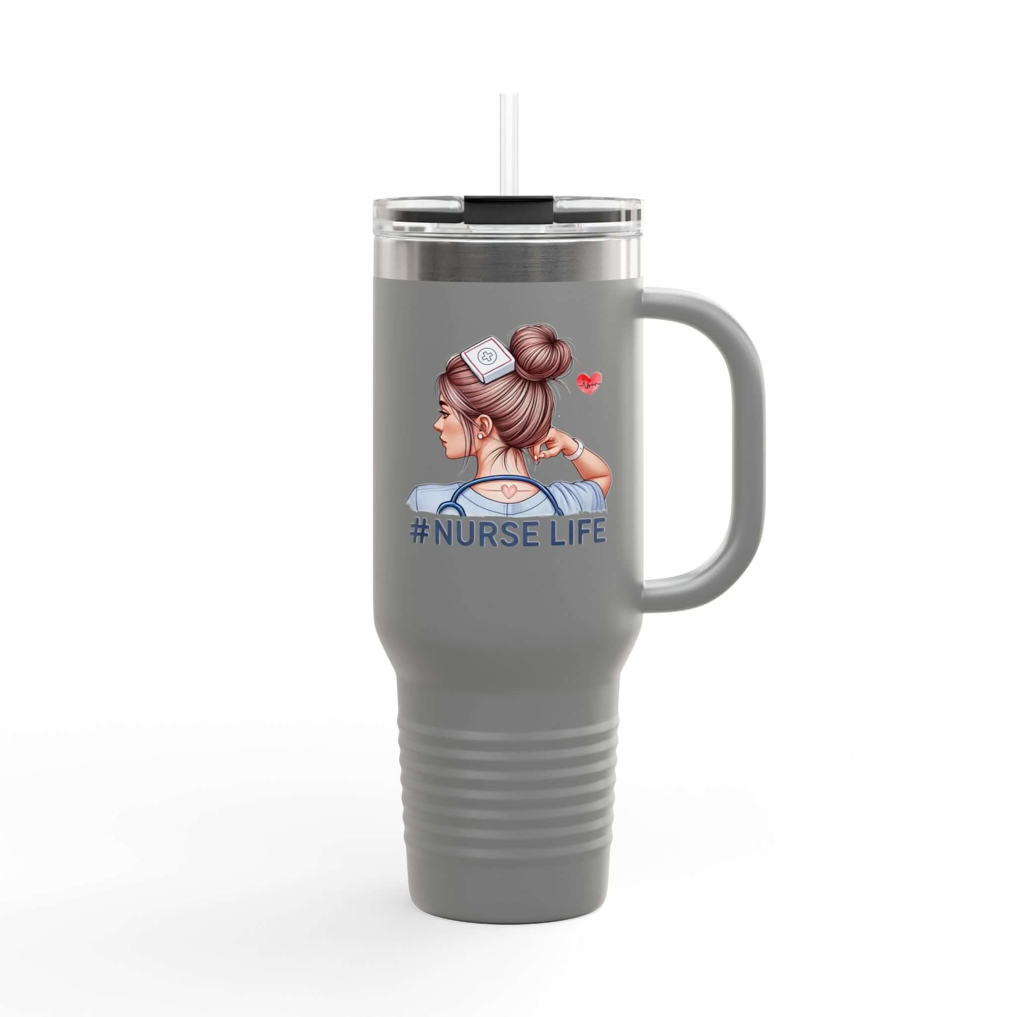 Nurse Life 40oz stainless steel travel mug with handle featuring a nurse design and hashtag, perfect for staying hydrated.