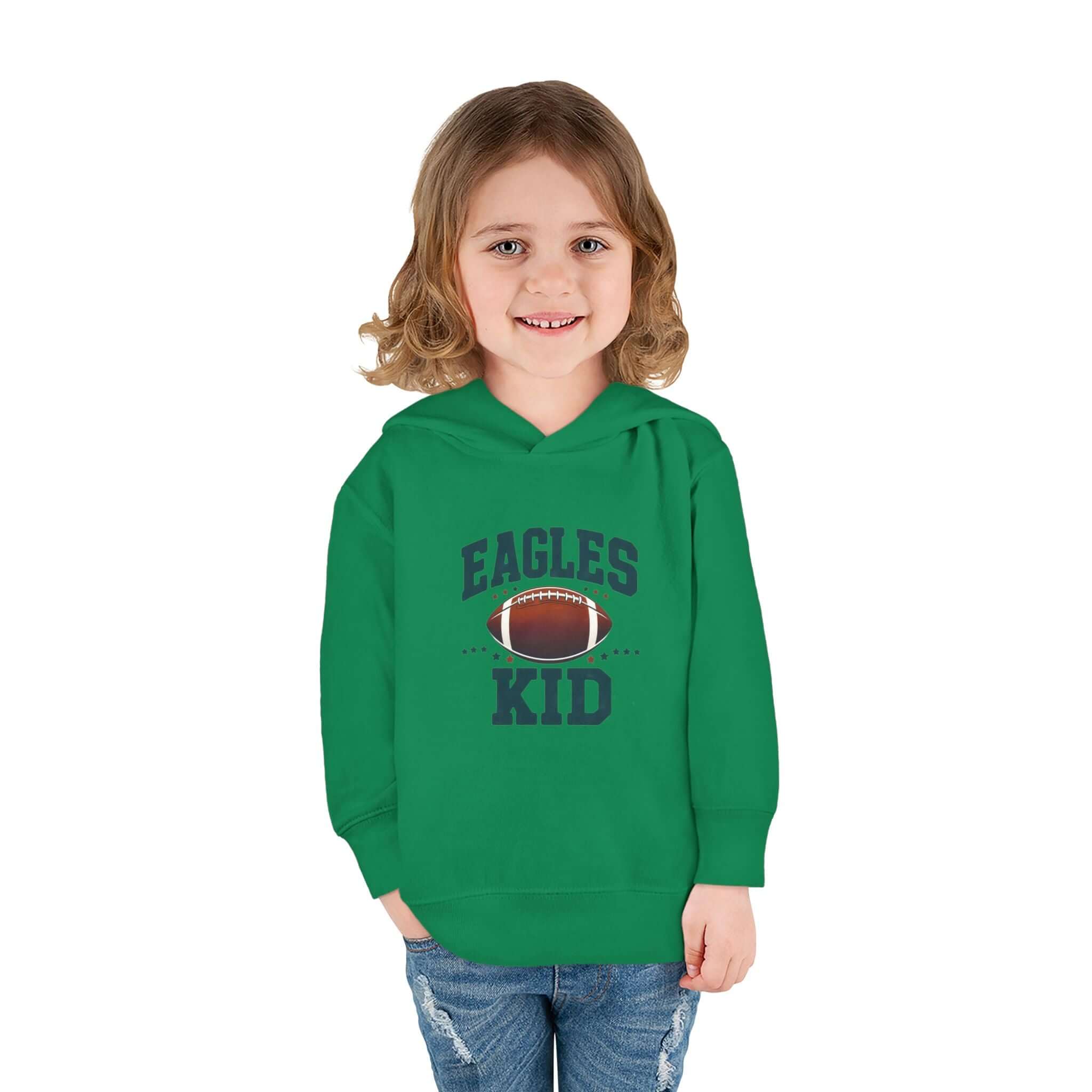 Eagles Kid football pullover hoodie for toddlers in green, featuring football graphic and supportive text.