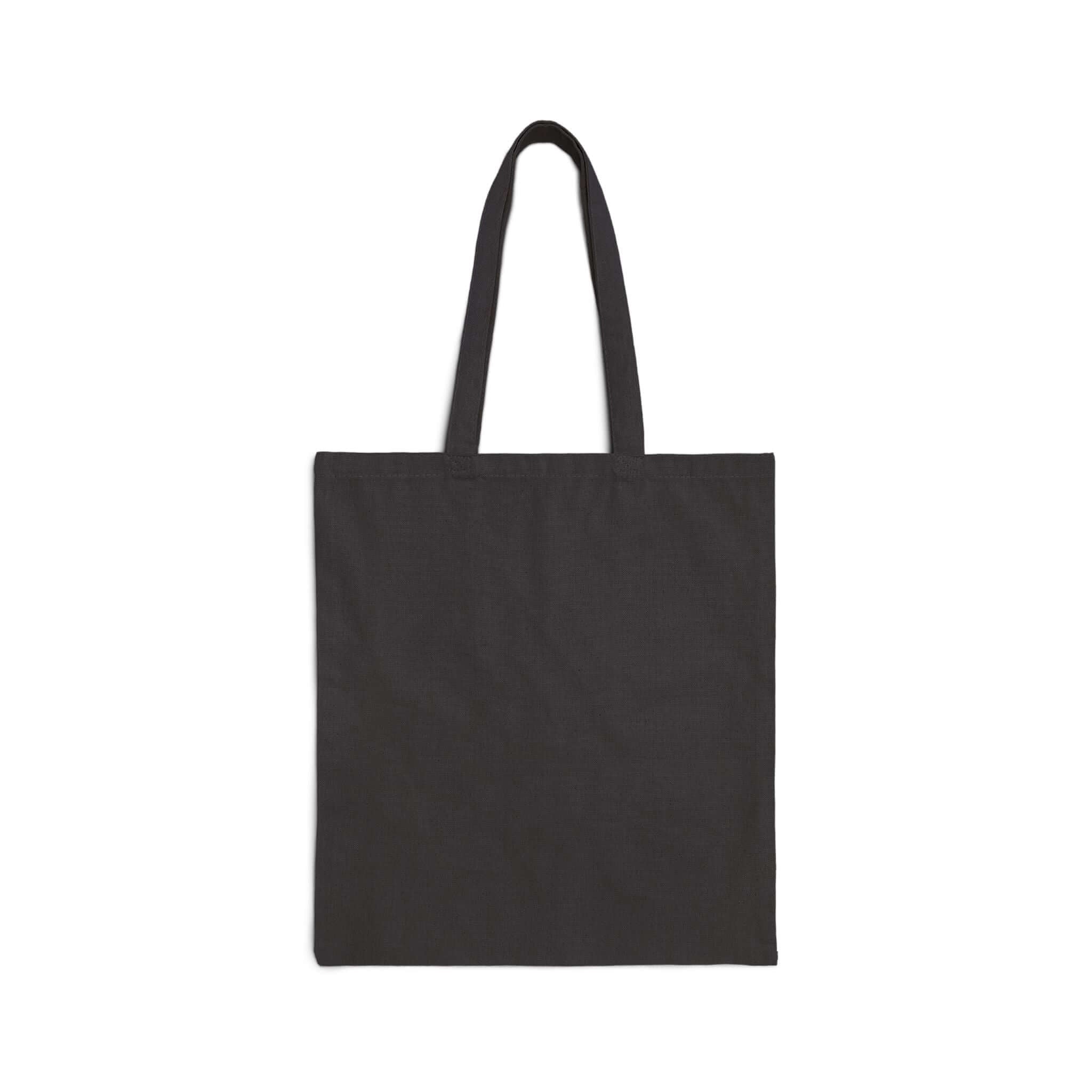 Black cotton canvas tote bag, 15" x 16", perfect for everyday use and carrying essentials.