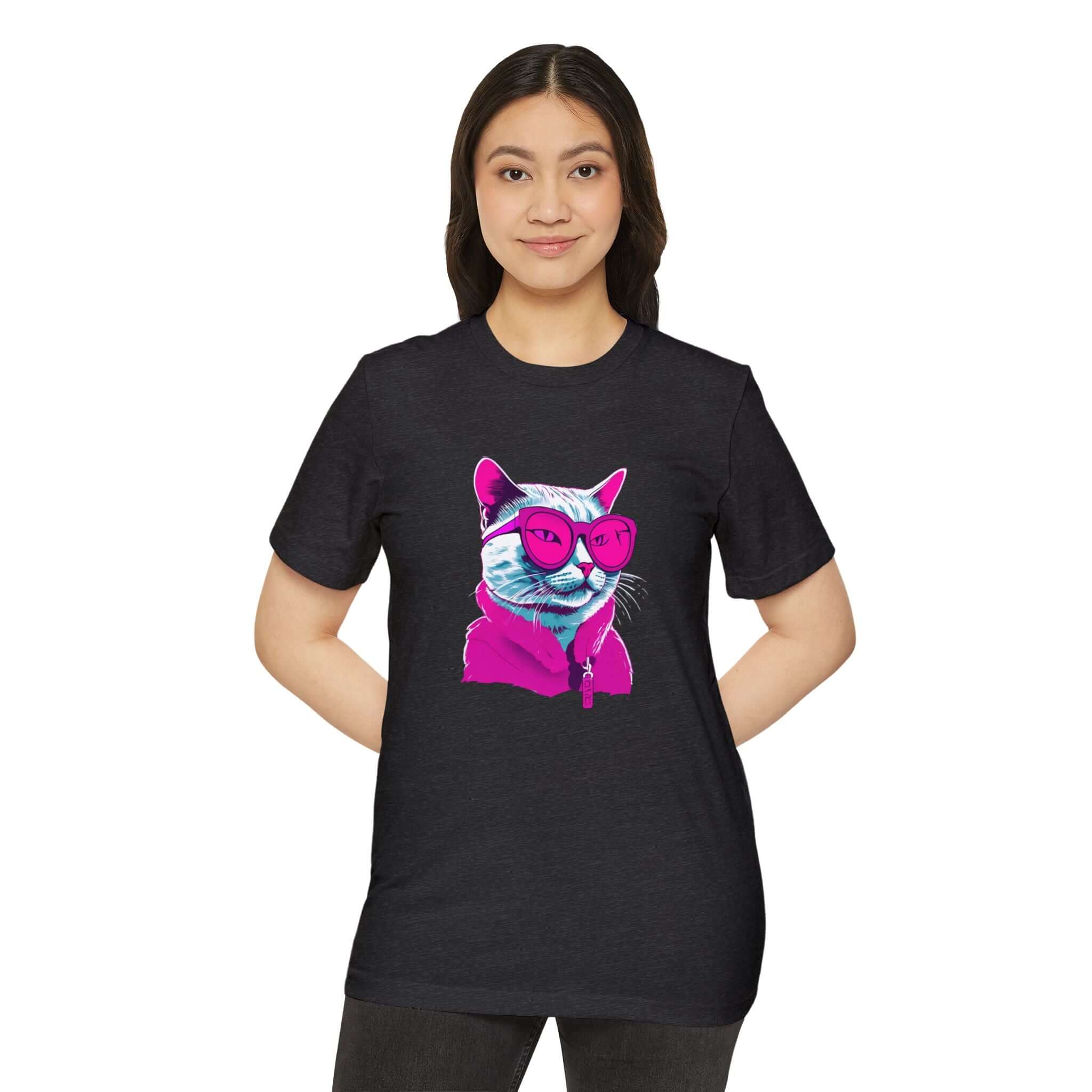 Neon Cat Graphic Unisex T-Shirt, Cool Cat Lovers Tee, Organic Cotton Shirt, Recycled Materials Top, Sustainable Fashion