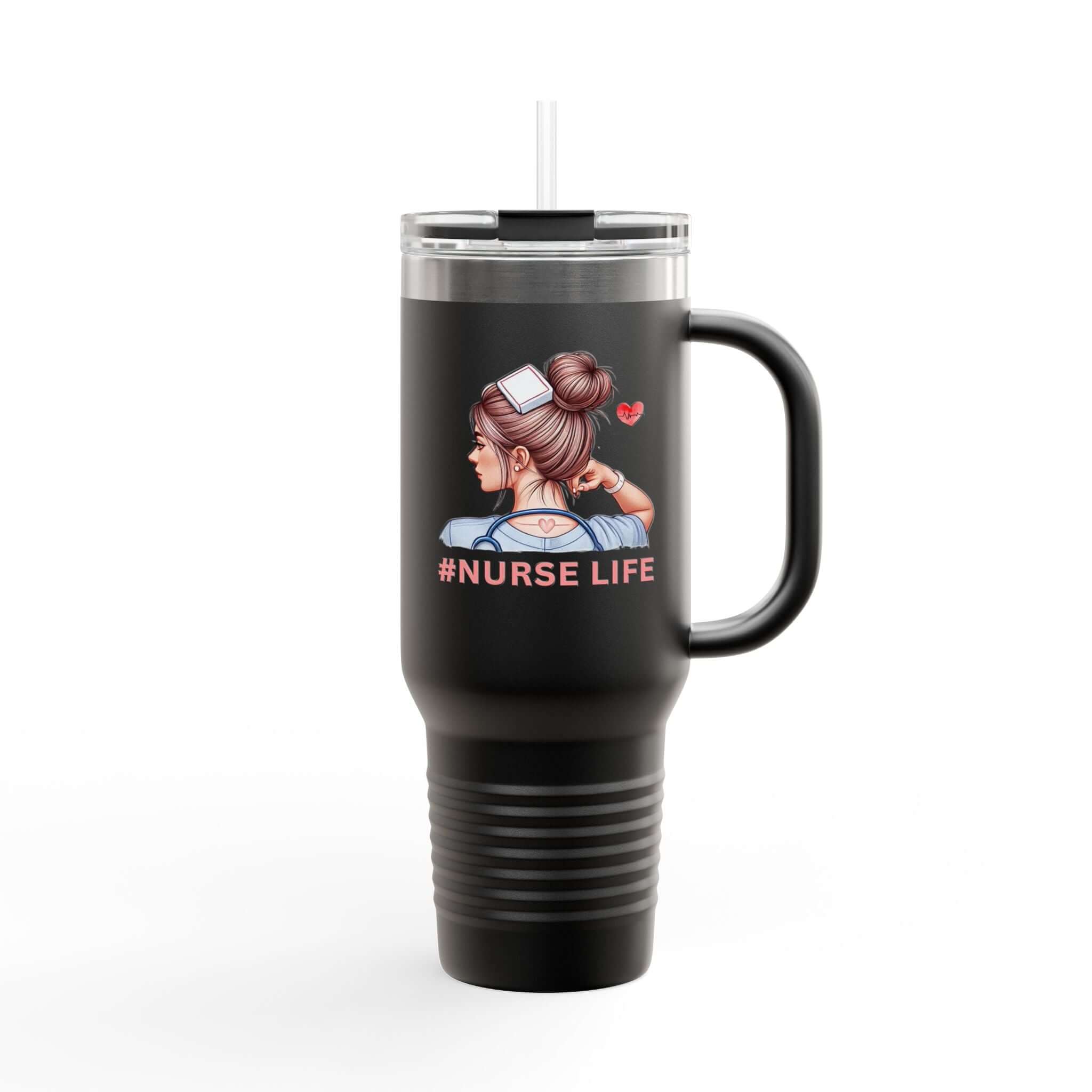 Nurse Life double sided print travel mug, 40oz large stainless steel tumbler with handle and straw.