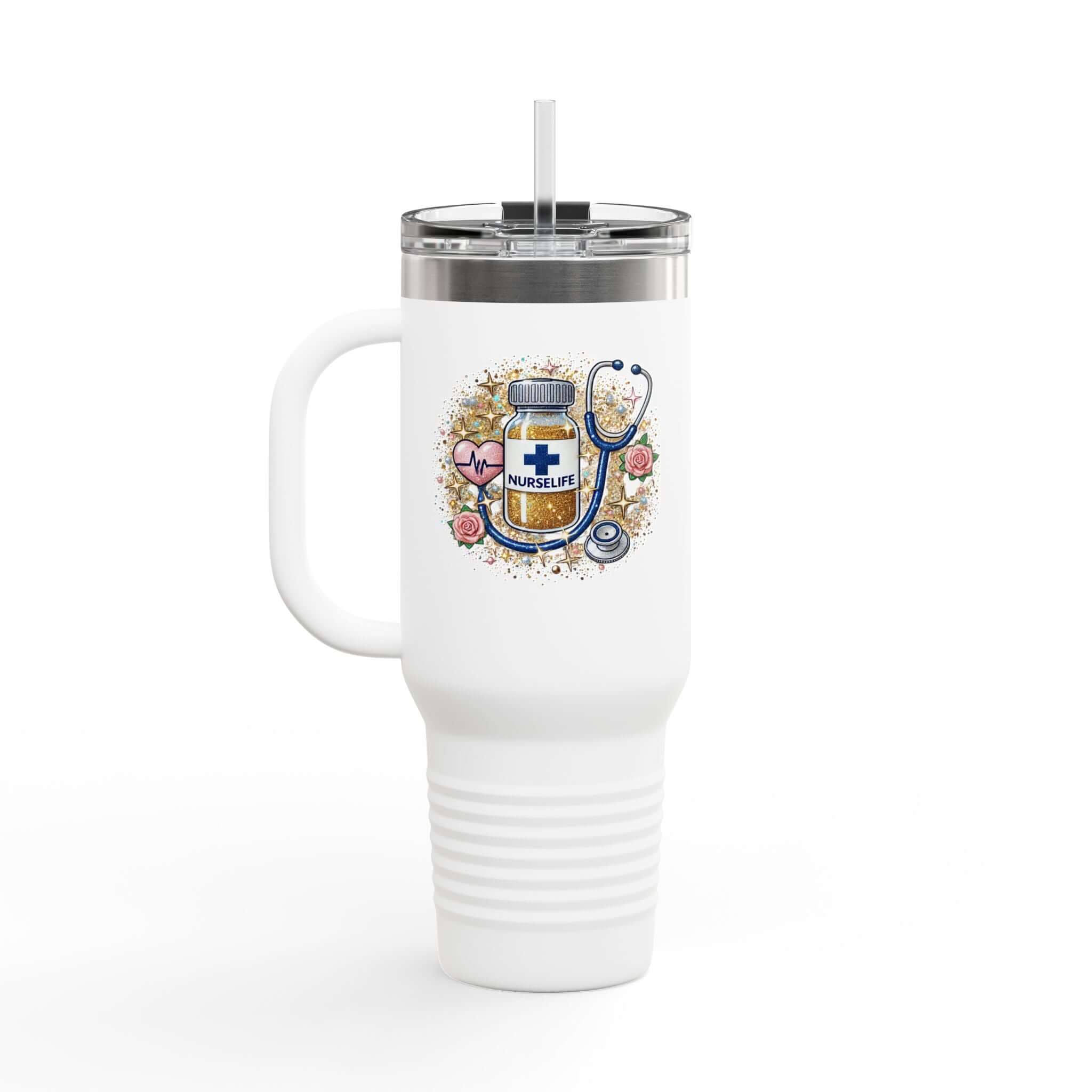Nurse Life 40oz stainless steel tumbler with handle, featuring nurse-themed design and straw, ideal for hydration on shifts.