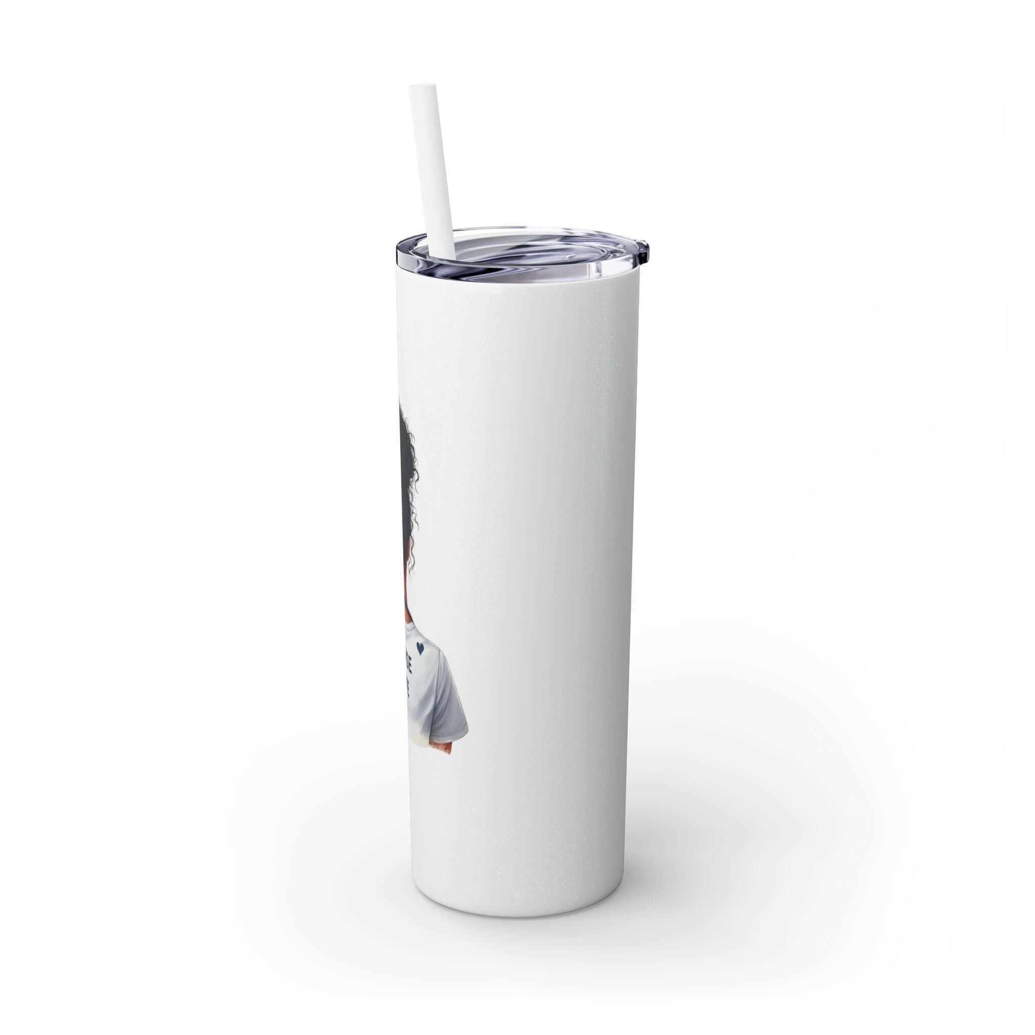 20oz skinny tumbler with straw featuring an illustration of a nurse with curly dark hair.