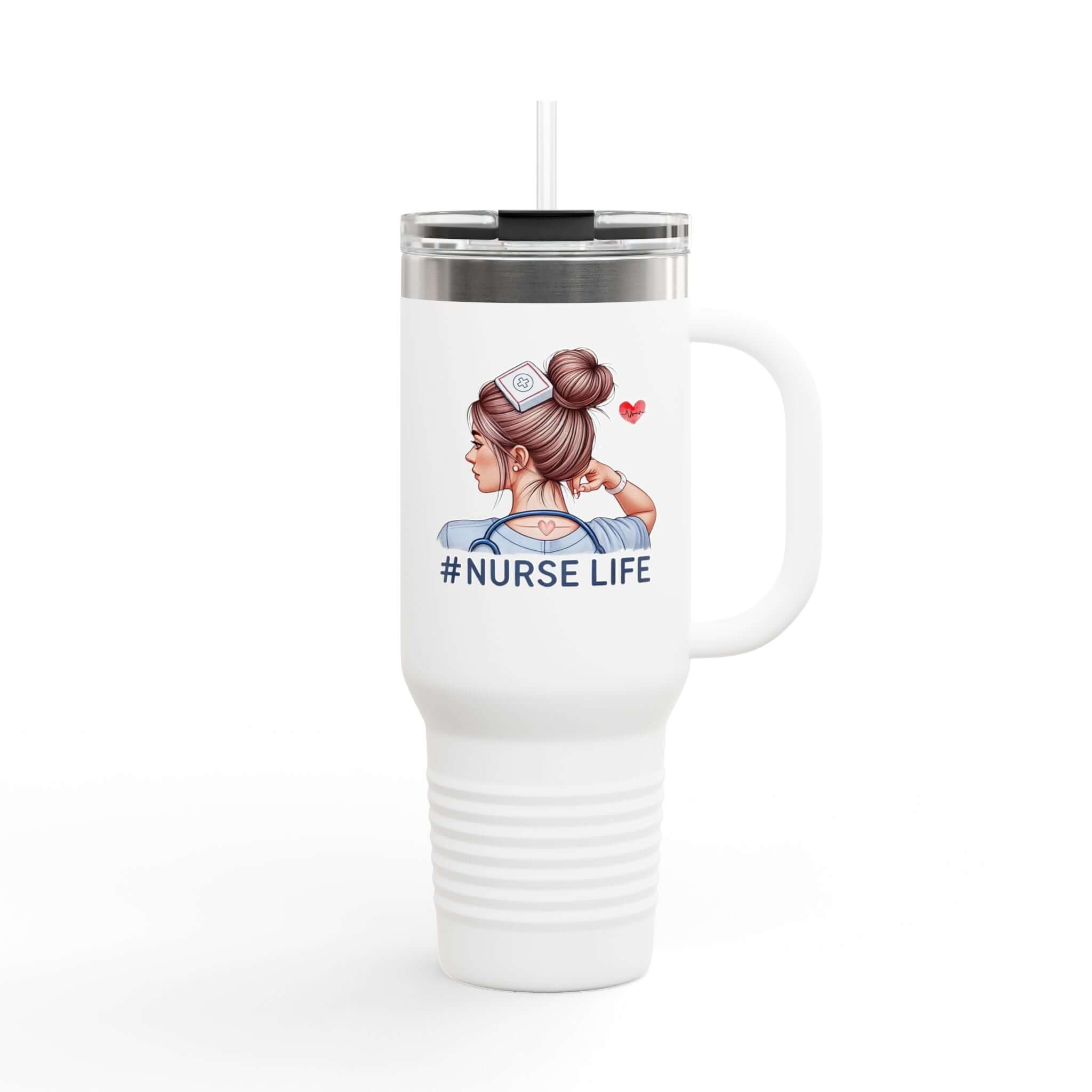 Nurse Life double sided print 40oz travel mug, stainless steel tumbler with handle for hydration on shifts.