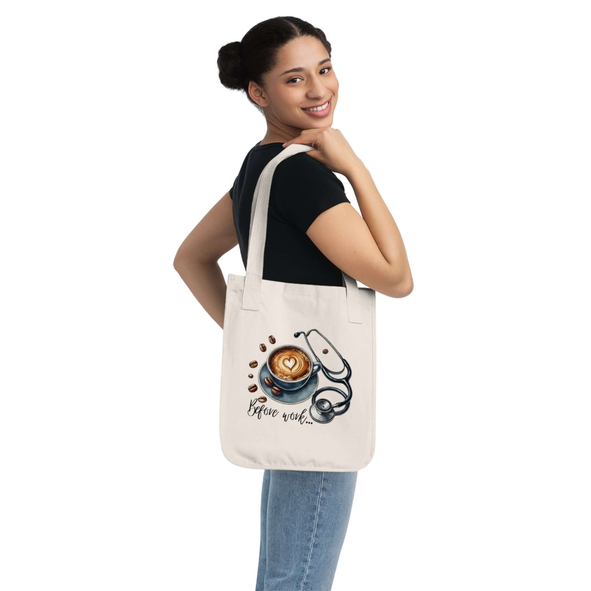 Before work tote bag featuring a coffee image and stethoscope, perfect for busy professionals.