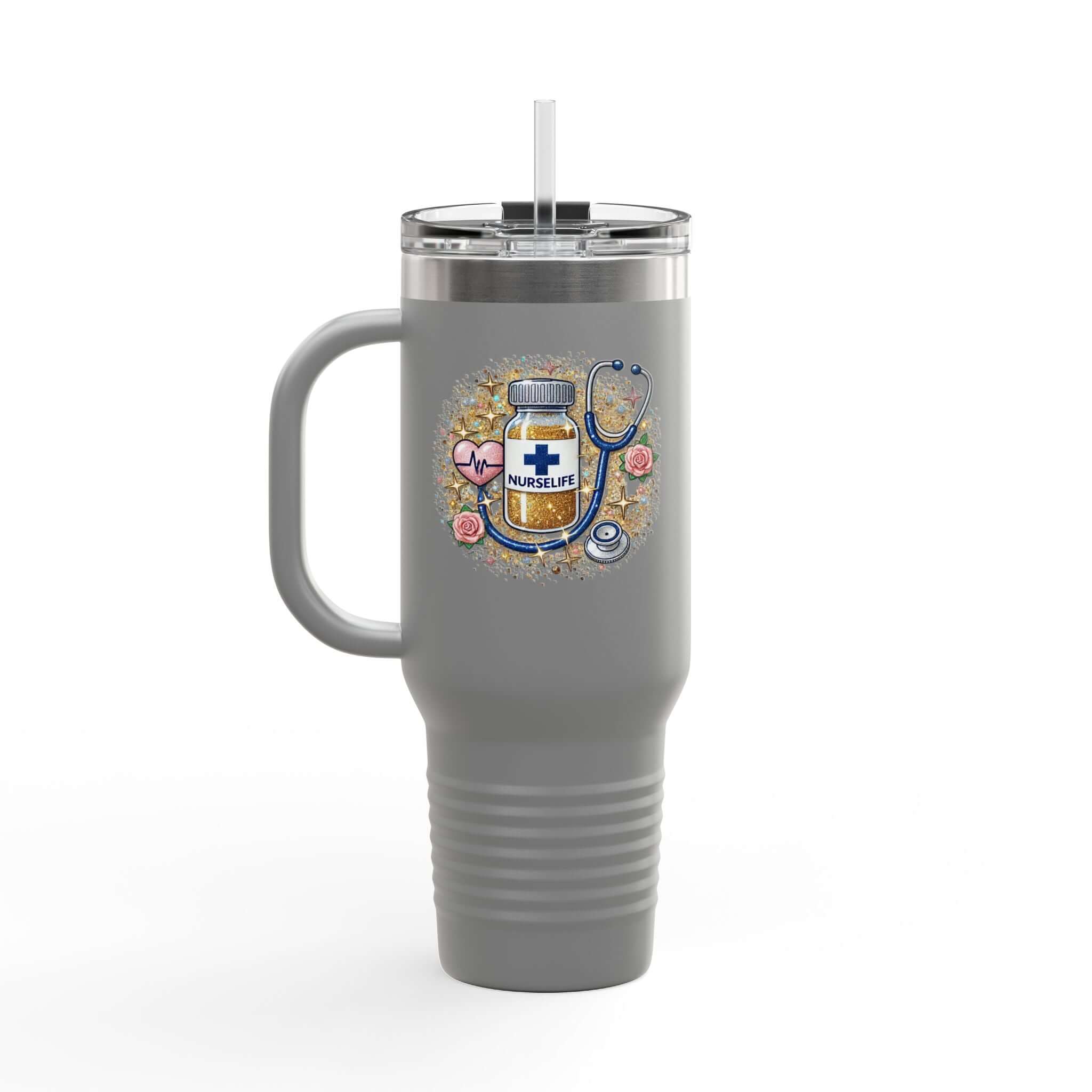 40oz Nurse Life double sided stainless steel tumbler with handle and straw, featuring nurse-themed design.