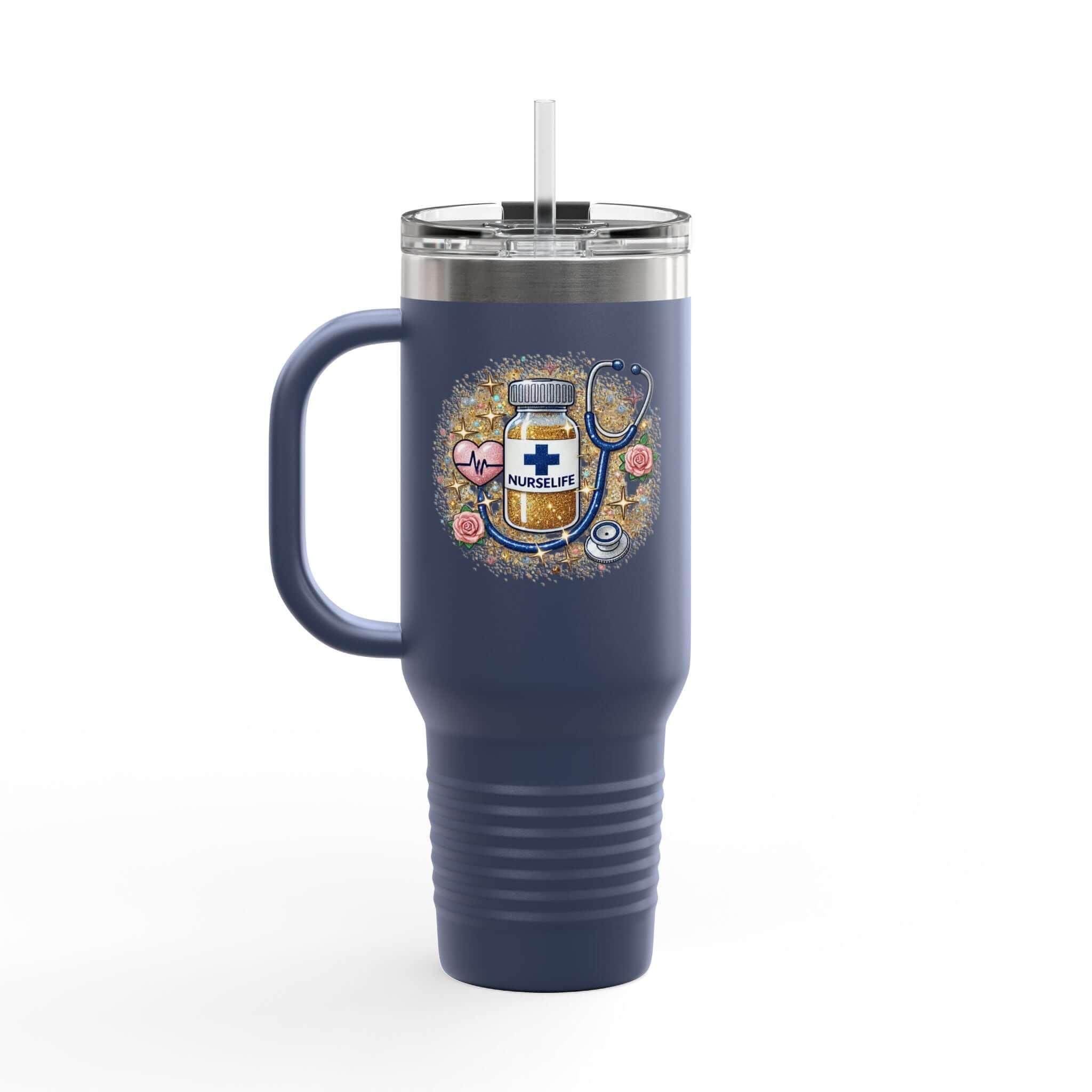 Large stainless steel tumbler with handle, featuring nurse life design and medical symbols.