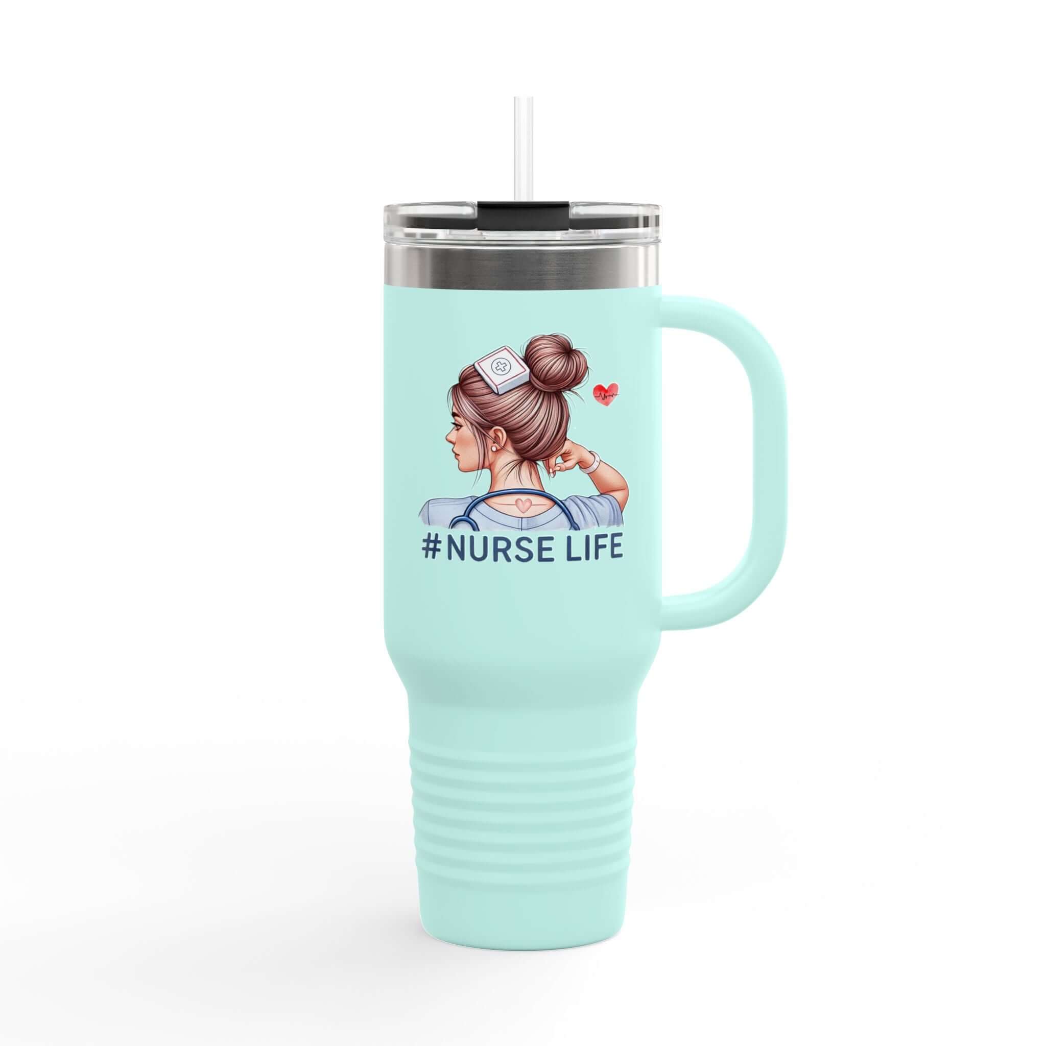 Nurse Life double sided 40oz stainless steel travel mug with handle and straw, featuring a nurse illustration.