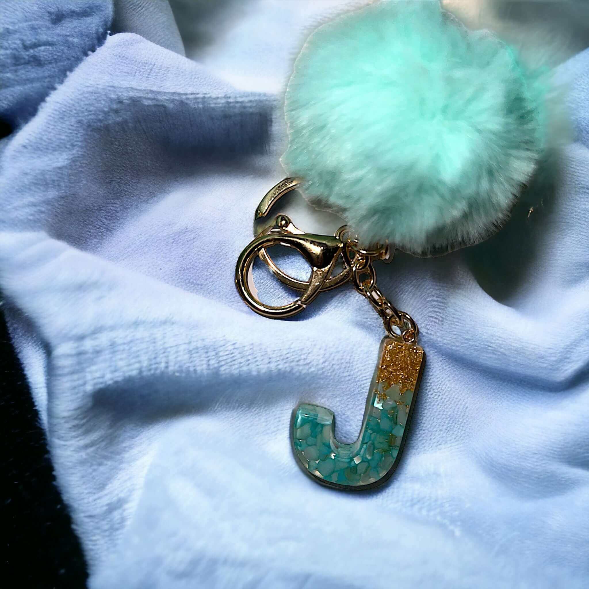 Initial Resin Keychain turquoise stone gold glitter Pom Pom
