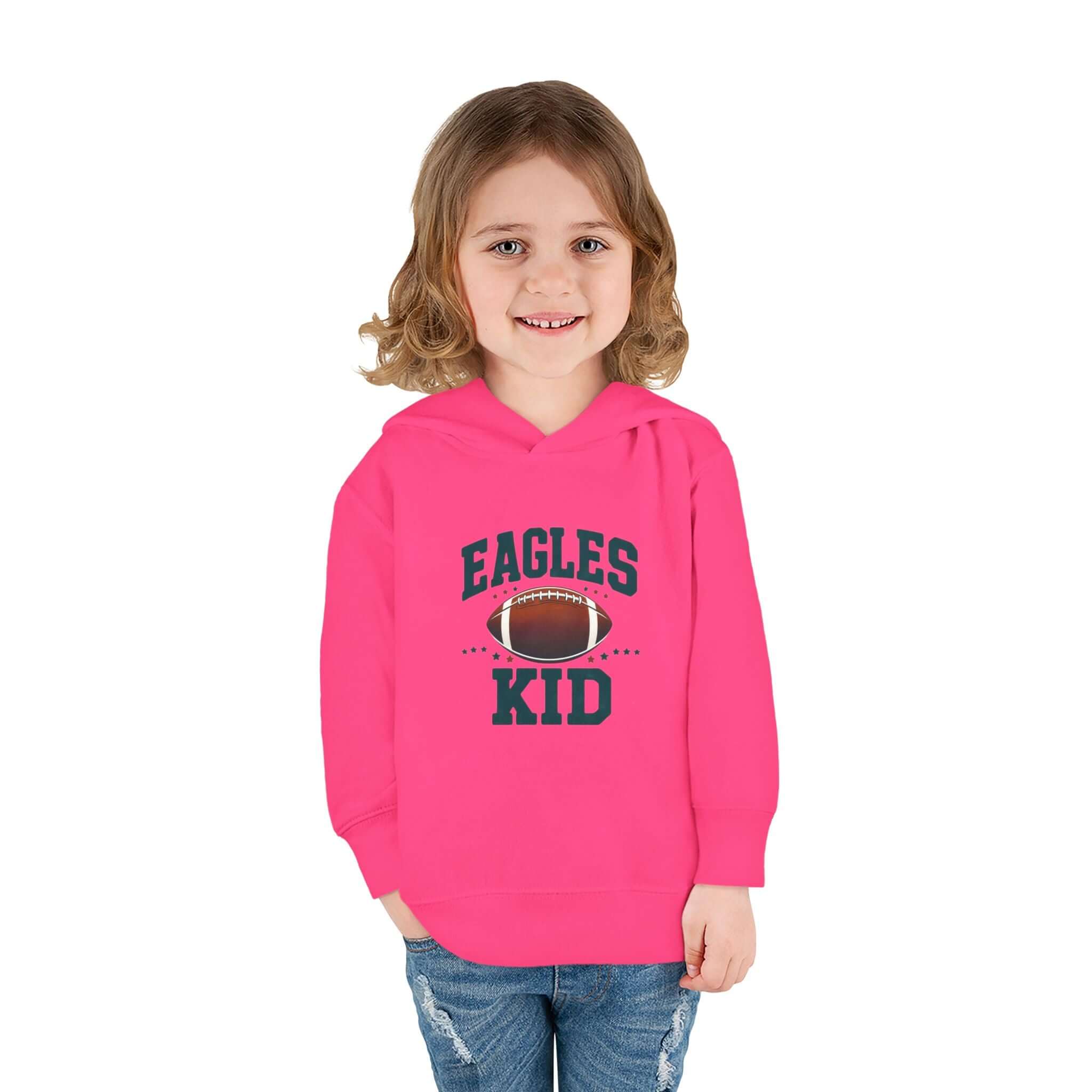 Eagles Kid toddler pullover hoodie in pink with football design, perfect for young football fans.