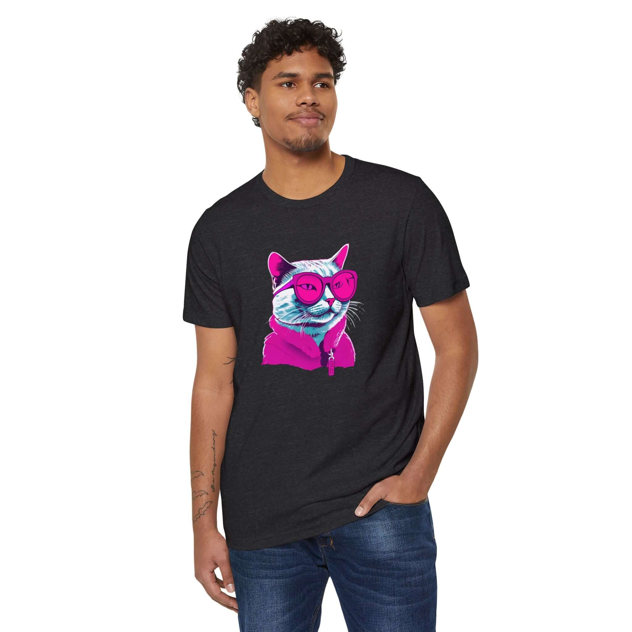 Neon Cat Graphic Unisex T-Shirt, Cool Cat Lovers Tee, Organic Cotton Shirt, Recycled Materials Top, Sustainable Fashion
