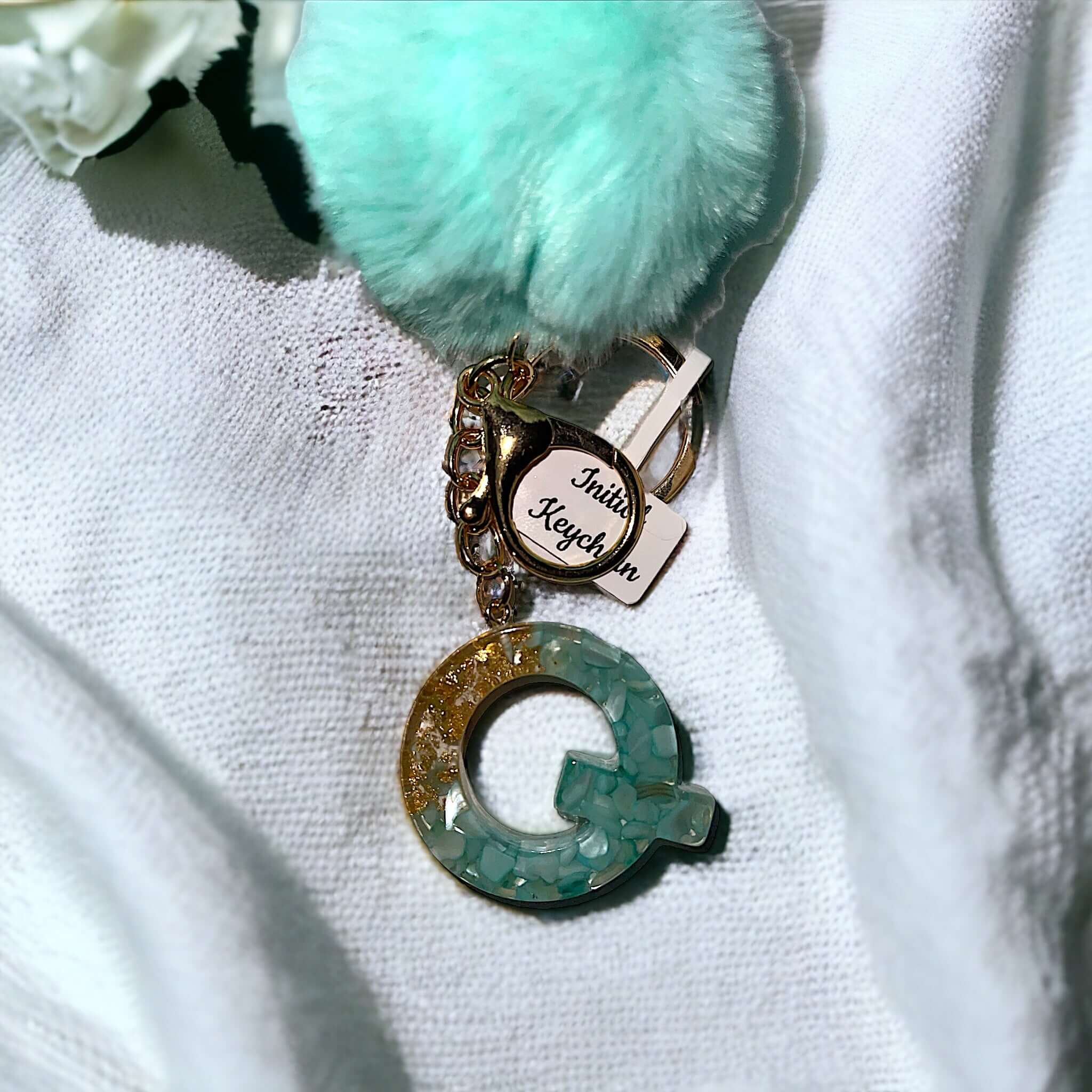 Initial Resin Keychain turquoise stone gold glitter Pom Pom