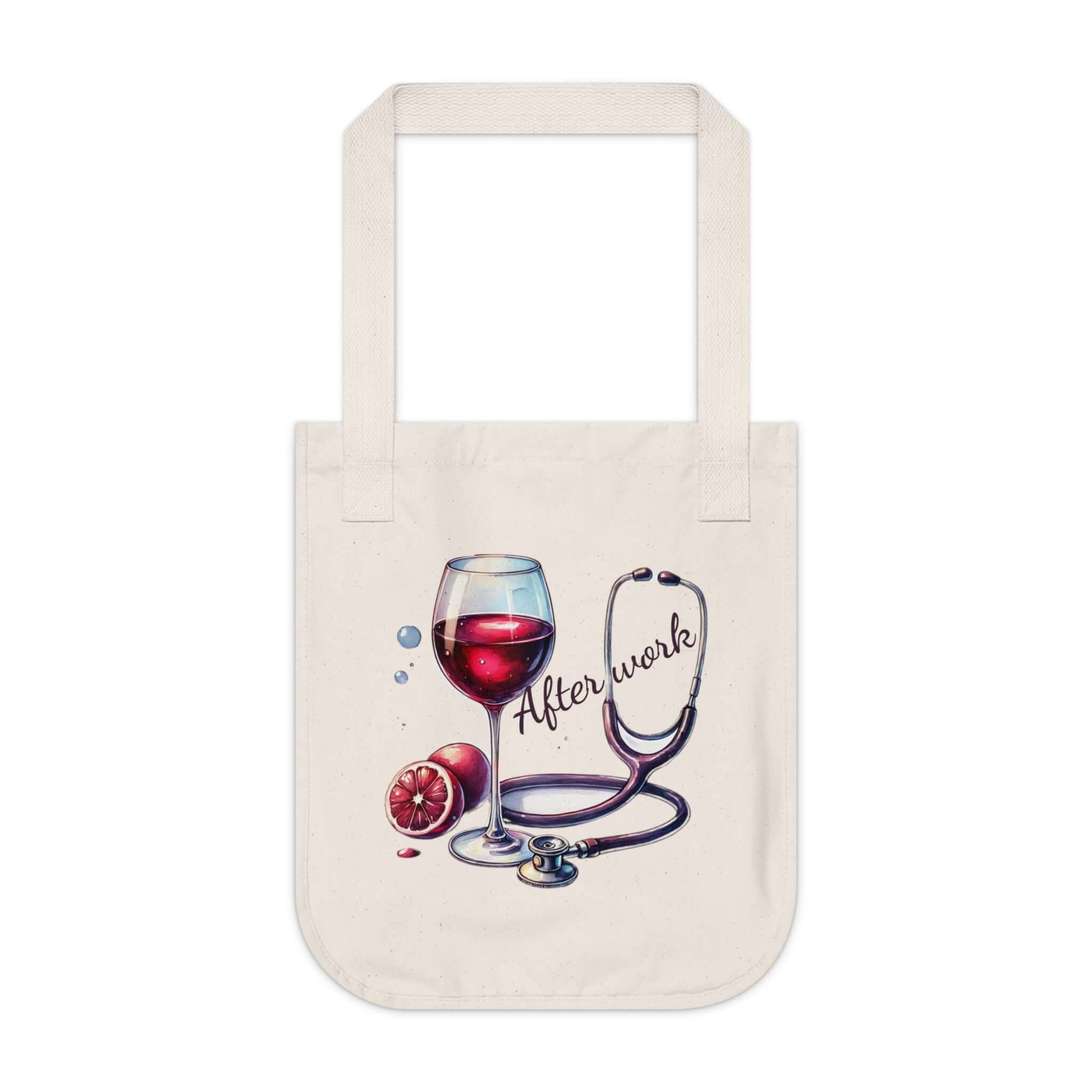 After work canvas tote bag with wine glass and stethoscope illustration, perfect for post-work relaxation.