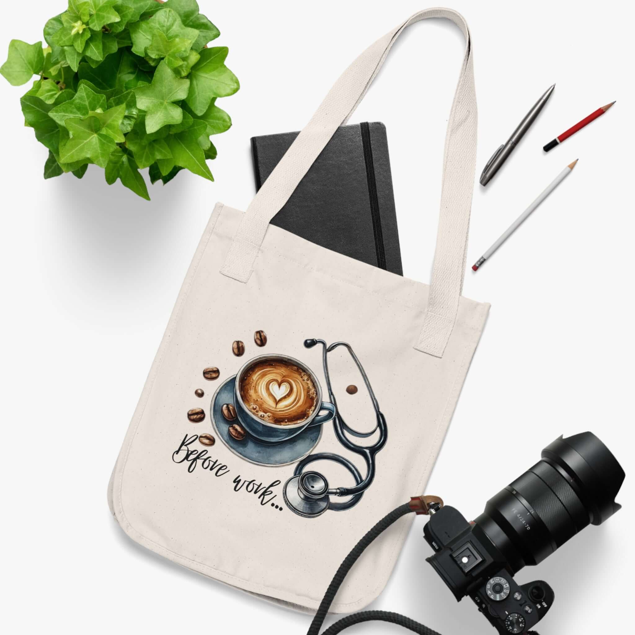 Canvas tote bag featuring coffee cup design with 'Before work...' text, perfect for busy professionals.