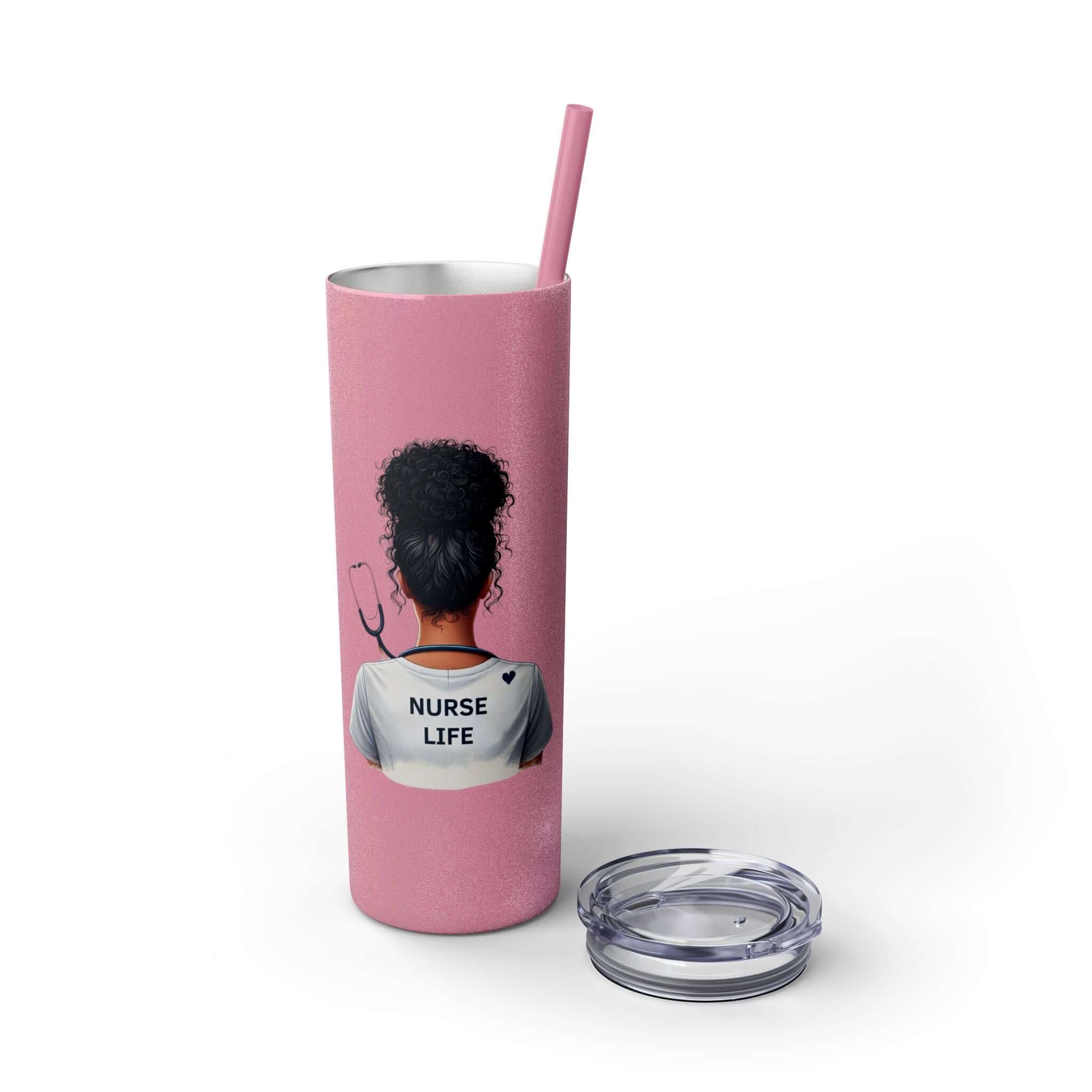 20oz skinny tumbler with nurse life design and straw, featuring a nurse with dark curly hair.