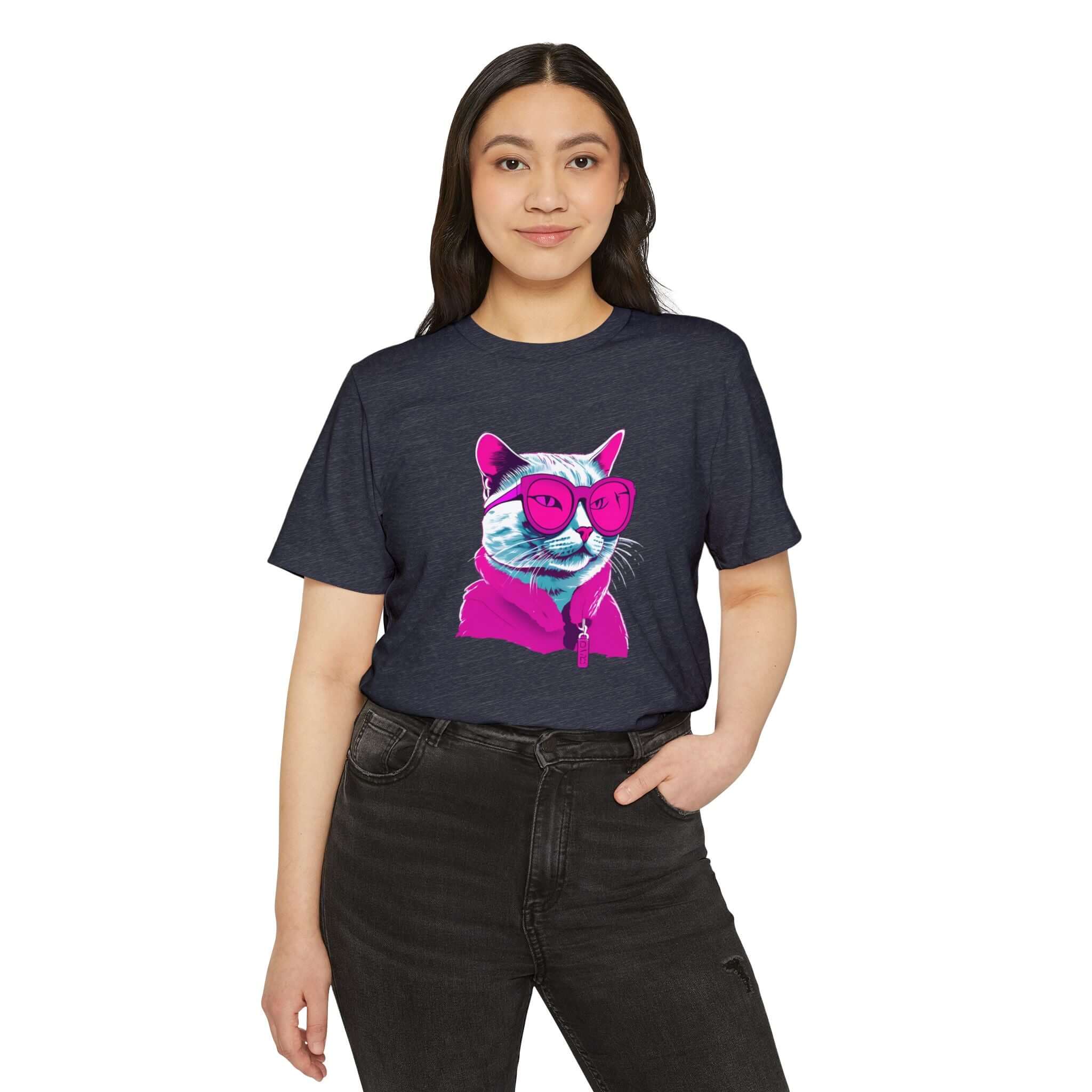 Neon Cat Graphic Unisex T-Shirt, Cool Cat Lovers Tee, Organic Cotton Shirt, Recycled Materials Top, Sustainable Fashion