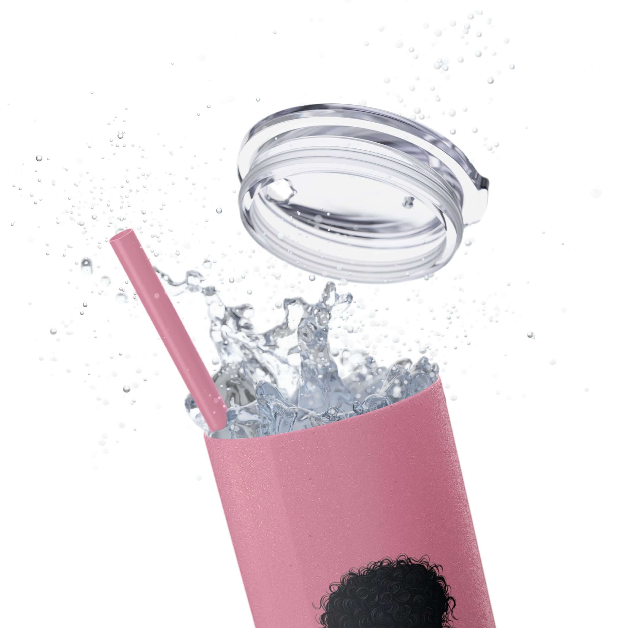 20oz skinny tumbler with a pink design, fitted straw, and splashing water, featuring dark curly-haired nurse illustration.