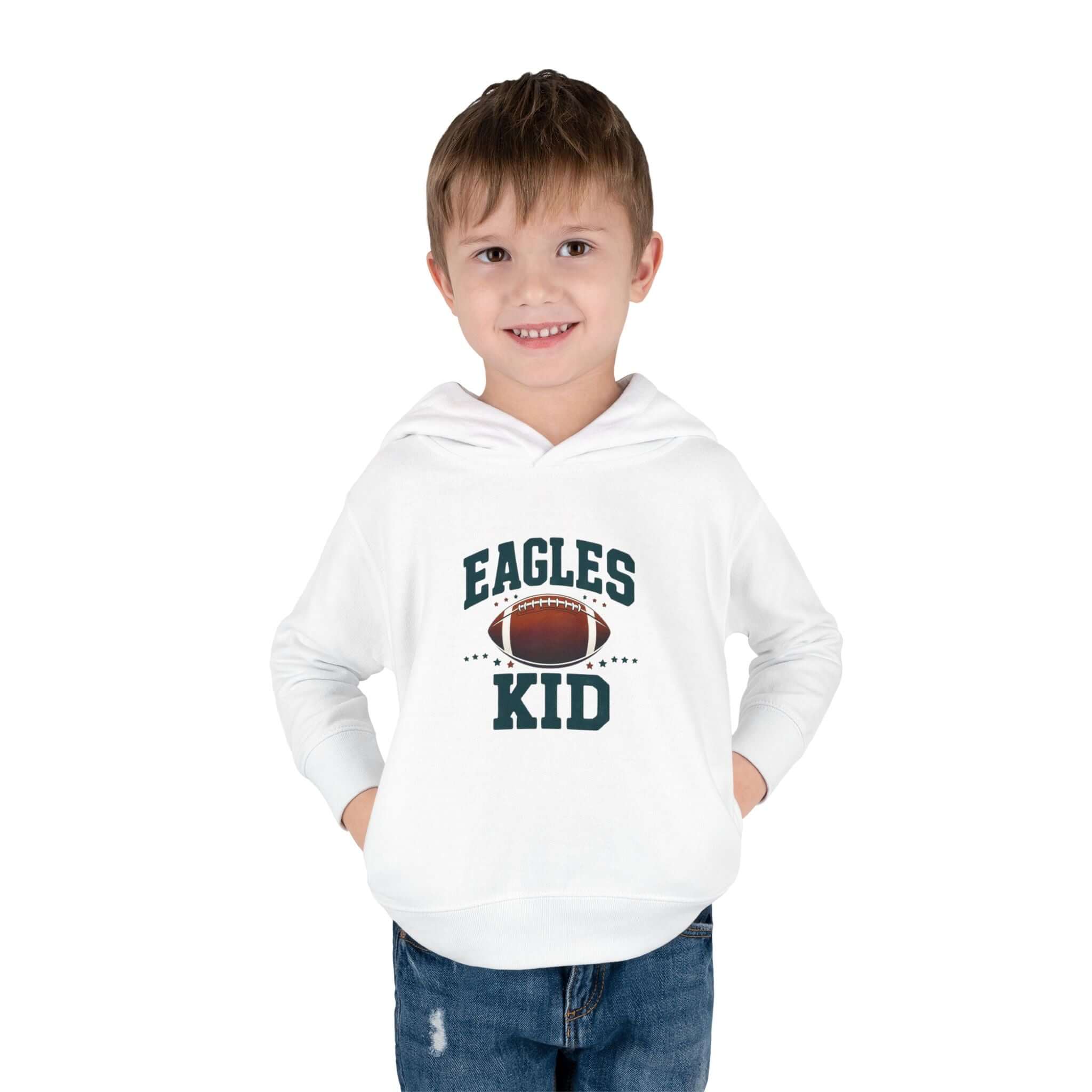 Eagles Kid toddler pullover hoodie featuring a football, perfect for young fans showing team spirit.