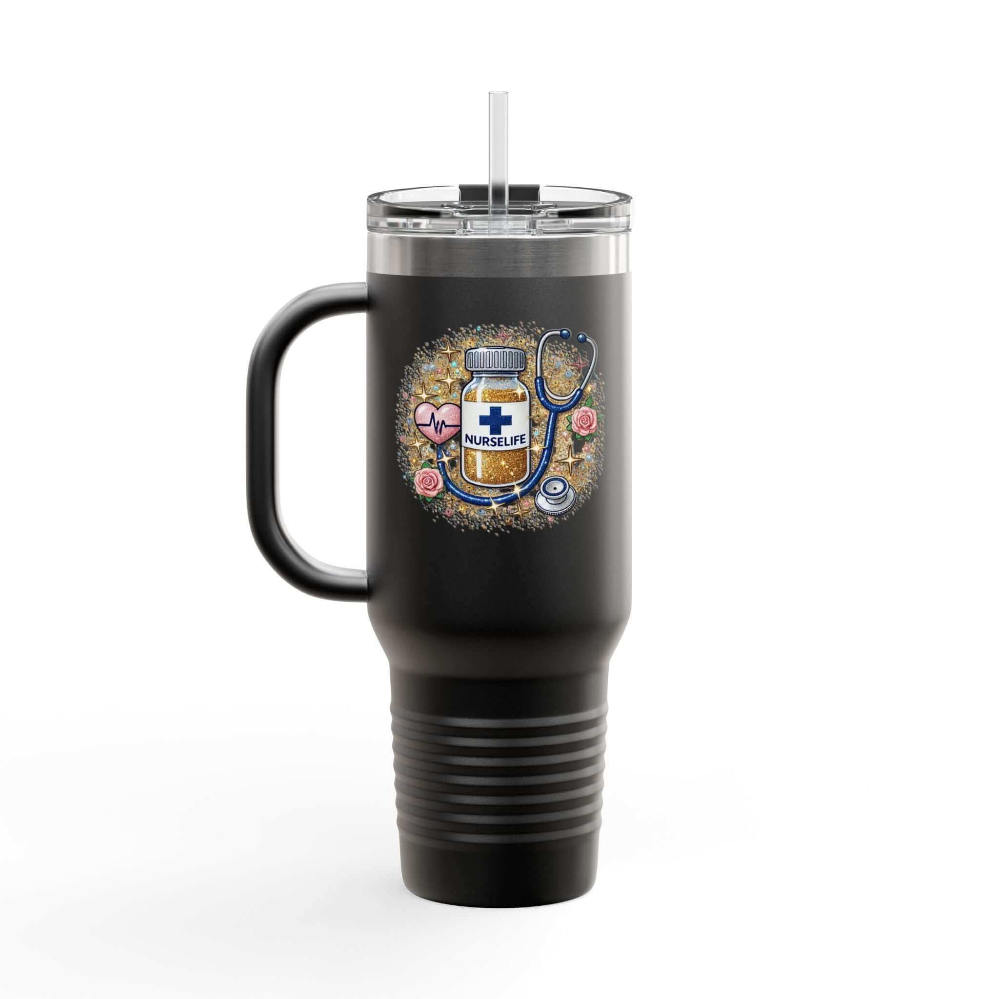 Nurse Life double-sided print travel mug, 40oz, stainless steel tumbler with handle, featuring nurse-themed design.