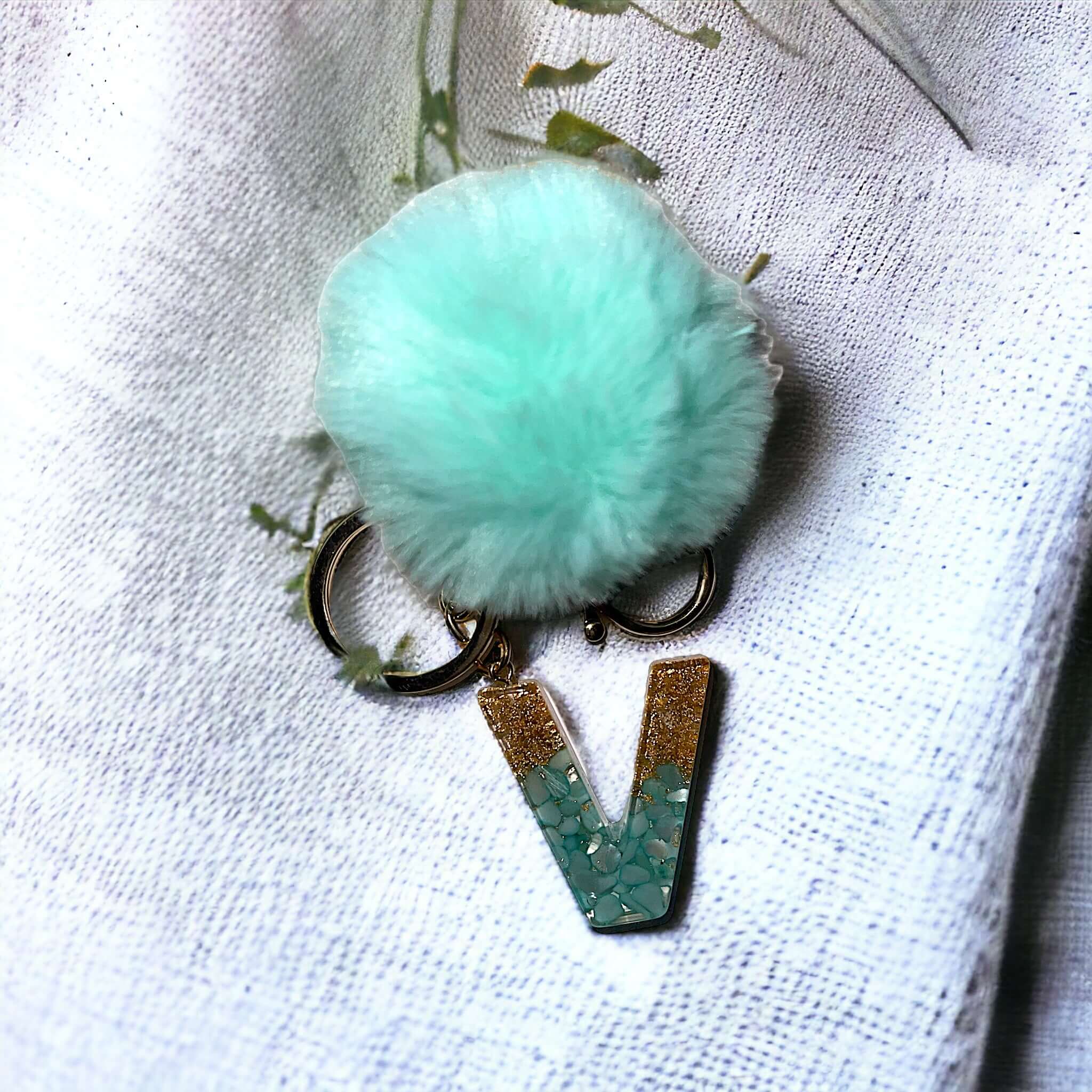 Initial Resin Keychain turquoise stone gold glitter Pom Pom