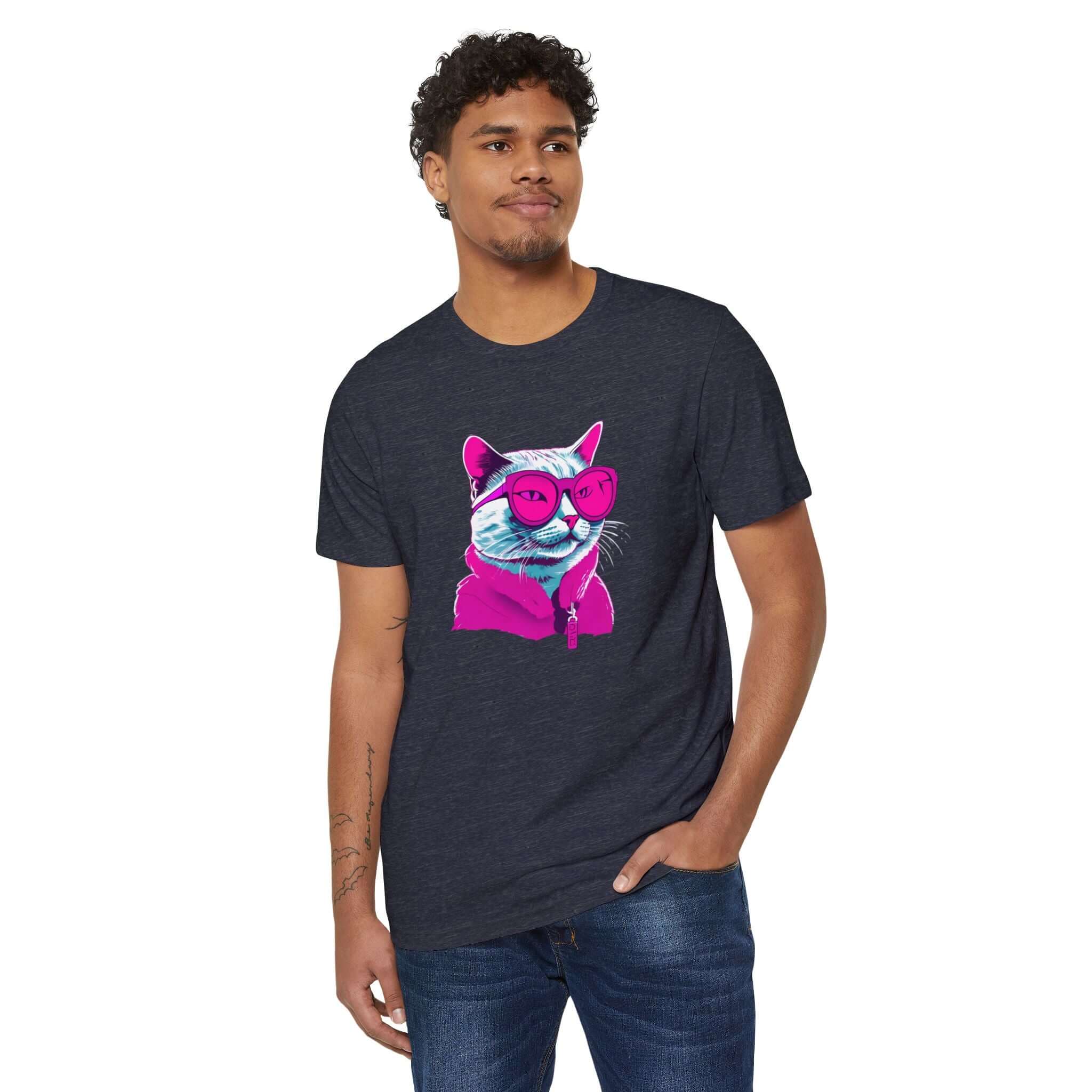 Neon Cat Graphic Unisex T-Shirt, Cool Cat Lovers Tee, Organic Cotton Shirt, Recycled Materials Top, Sustainable Fashion