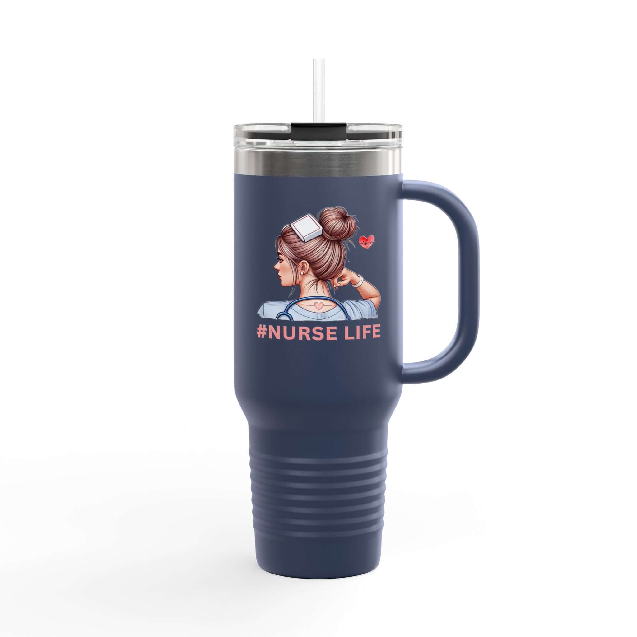 Nurse Life double sided print 40oz travel mug, stainless steel tumbler with handle and straw.