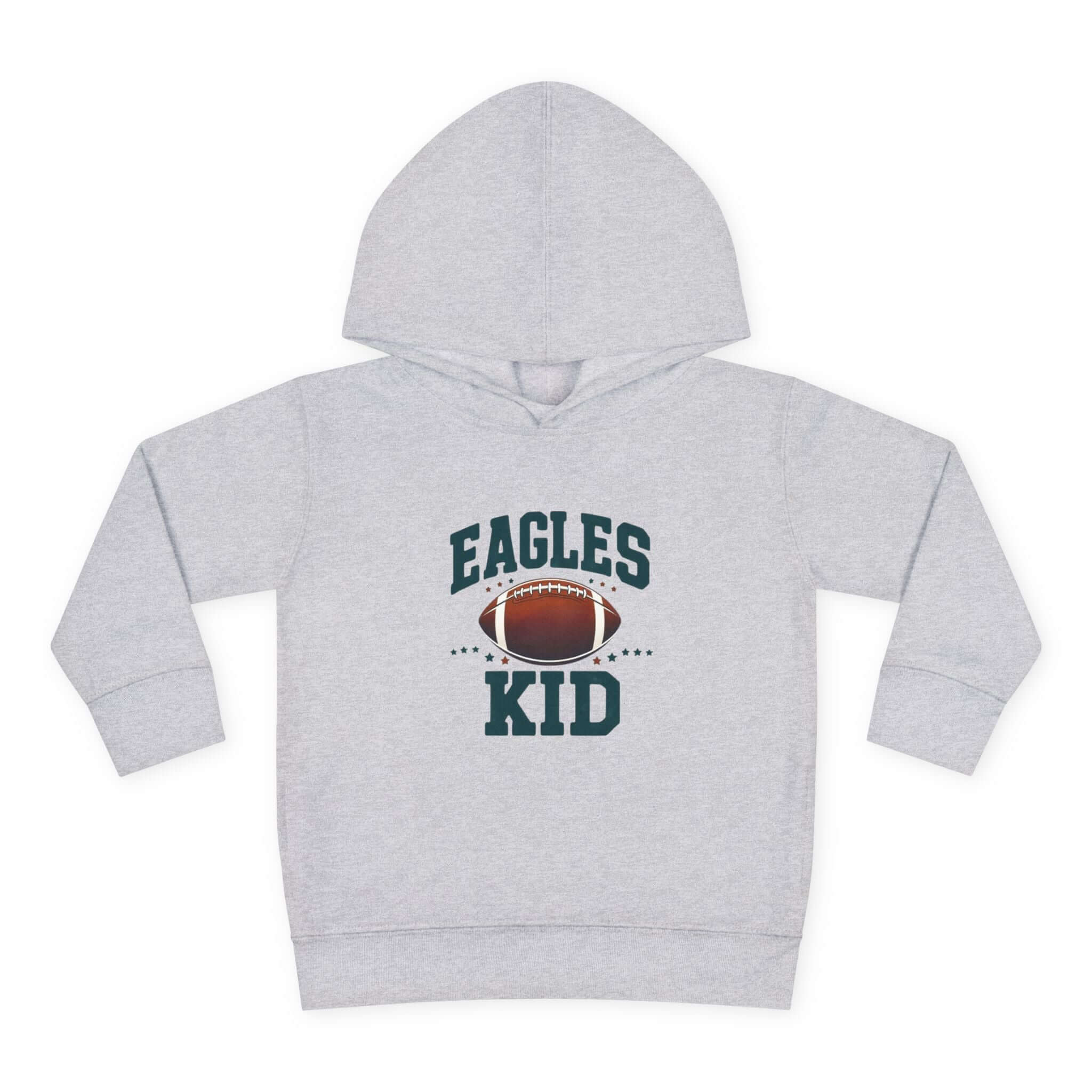 Gray toddler pullover hoodie featuring the words 'Eagles Kid' and a football design, perfect for young fans.