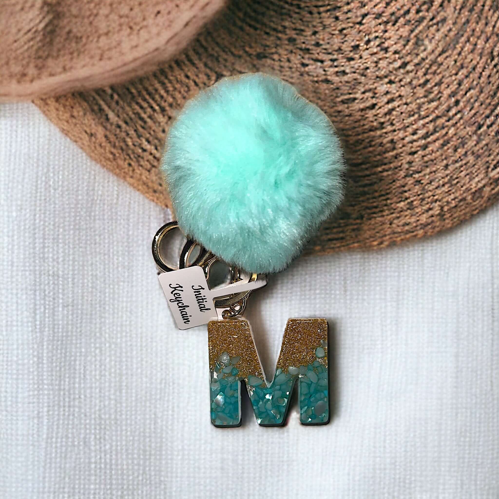 Initial Resin Keychain turquoise stone gold glitter Pom Pom