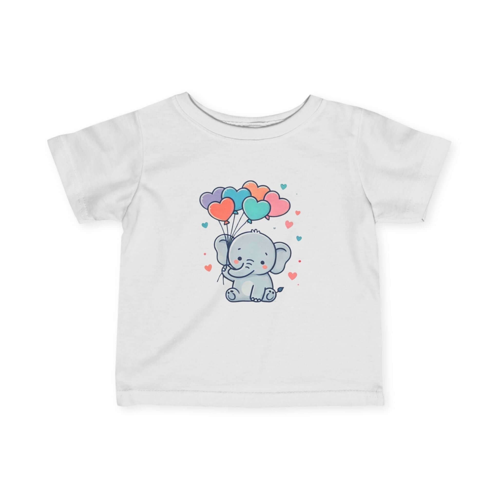 Cute baby t-shirt featuring an elephant holding heart-shaped balloons, perfect for toddler playtime.