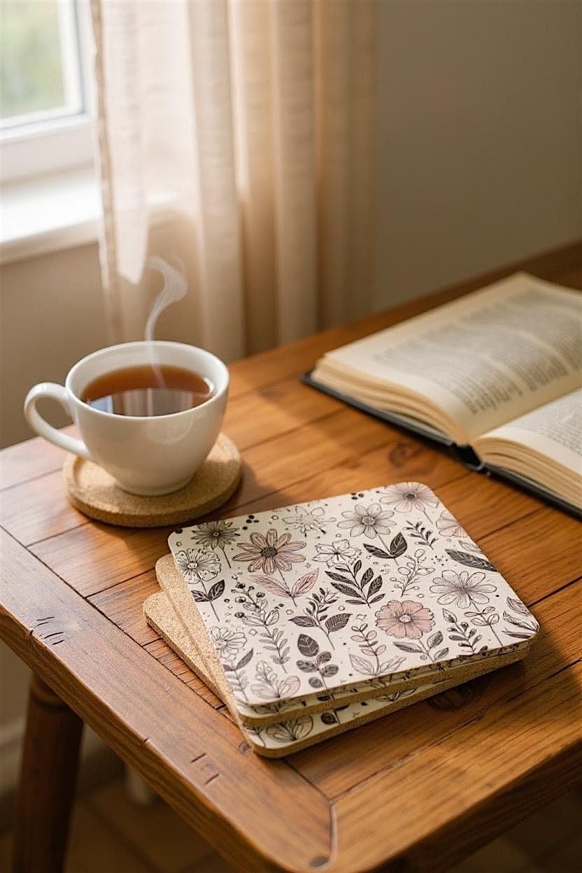 Floral Cork Coaster Set - Botanical Drink Coasters for Home Decor, Gift for Garden Lovers, Rustic Dining, Coffee Table Accessories