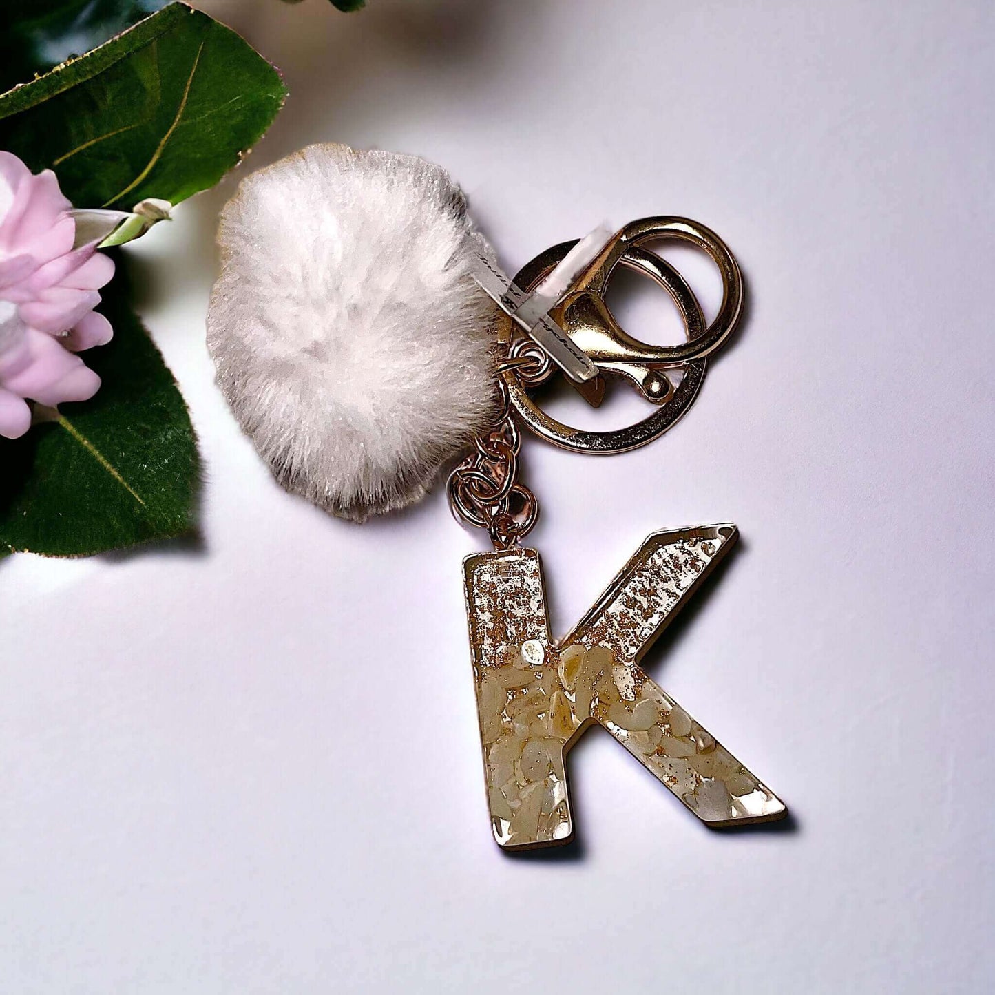 White Stone Gold Flakes Resin Initial Keychain