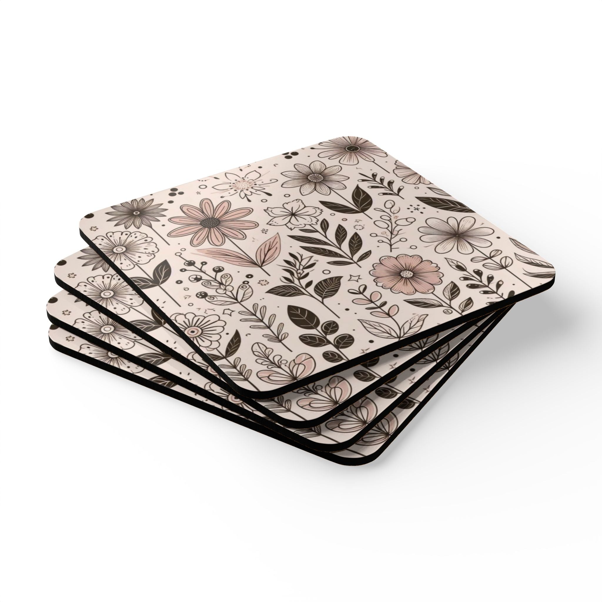 Floral Cork Coaster Set - Botanical Drink Coasters for Home Decor, Gift for Garden Lovers, Rustic Dining, Coffee Table Accessories