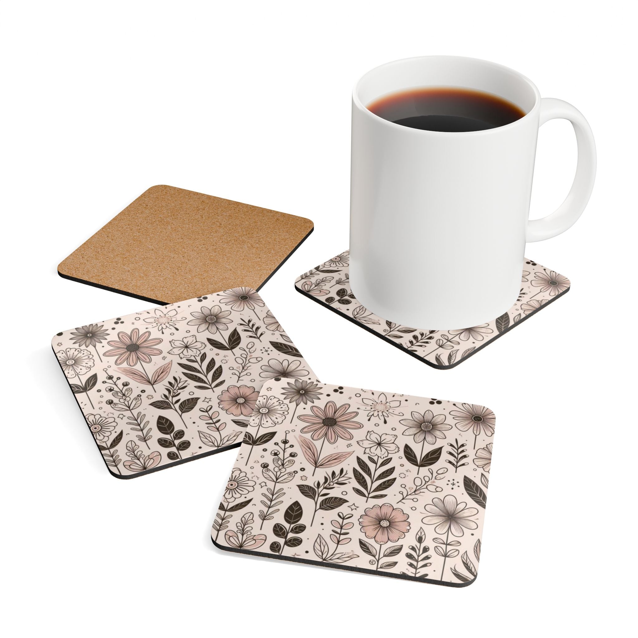 Floral Cork Coaster Set - Botanical Drink Coasters for Home Decor, Gift for Garden Lovers, Rustic Dining, Coffee Table Accessories