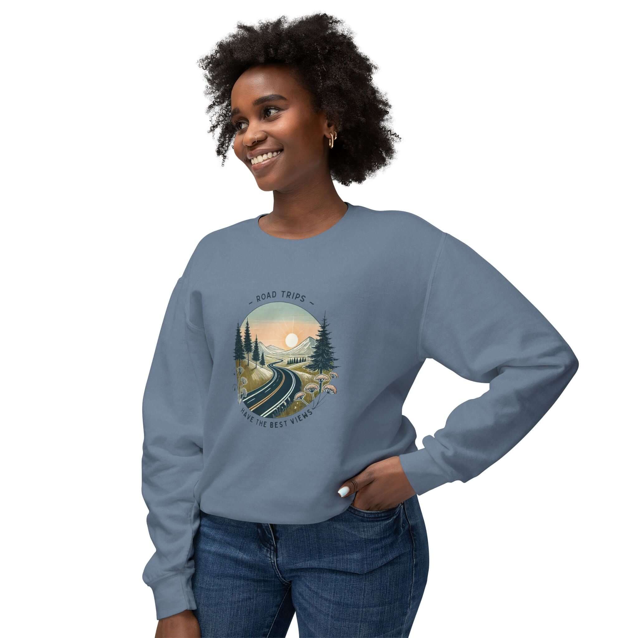 Unisex lightweight crewneck sweatshirt featuring road trips saying 'Road Trips Have the Best Views' with scenic design.