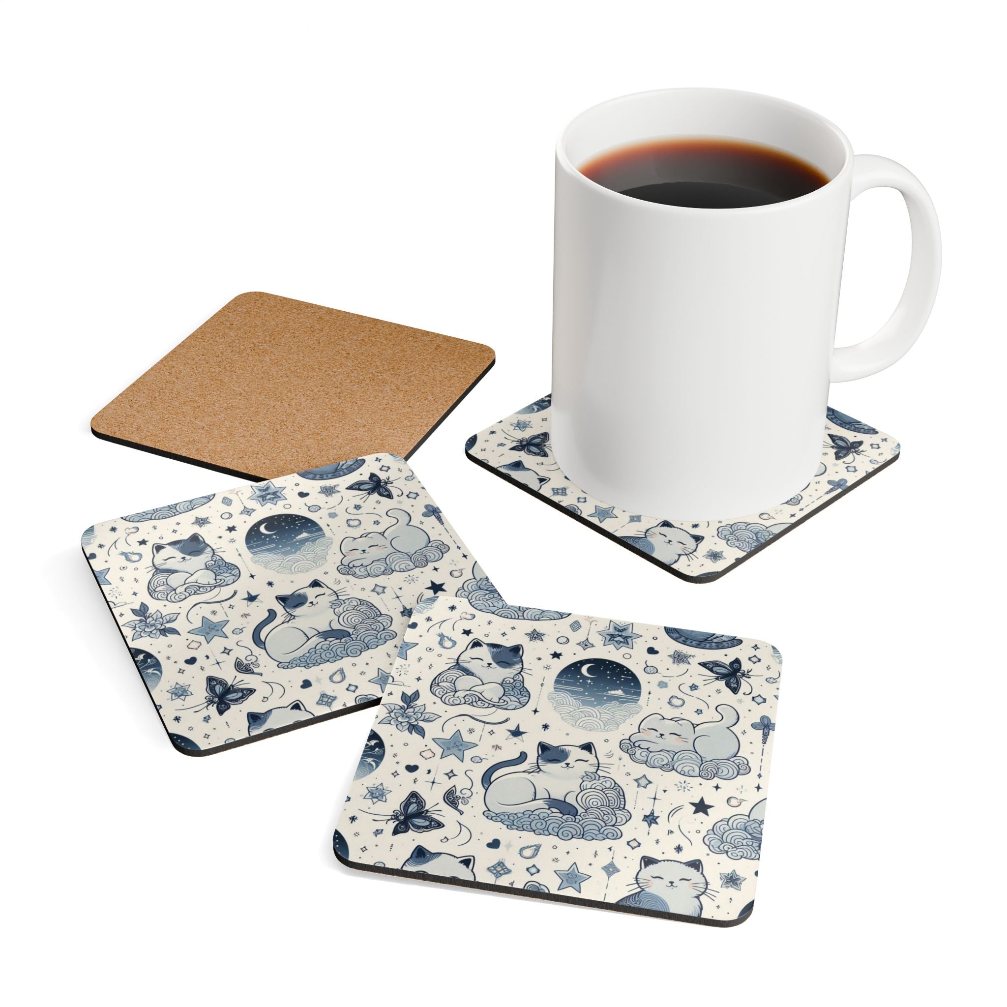Whimsical Cat Cork Coaster Set, Cute Cat Home Décor, Gifts for Cat Lovers, Coasters for Coffee Tables, Unique Housewarming Gift