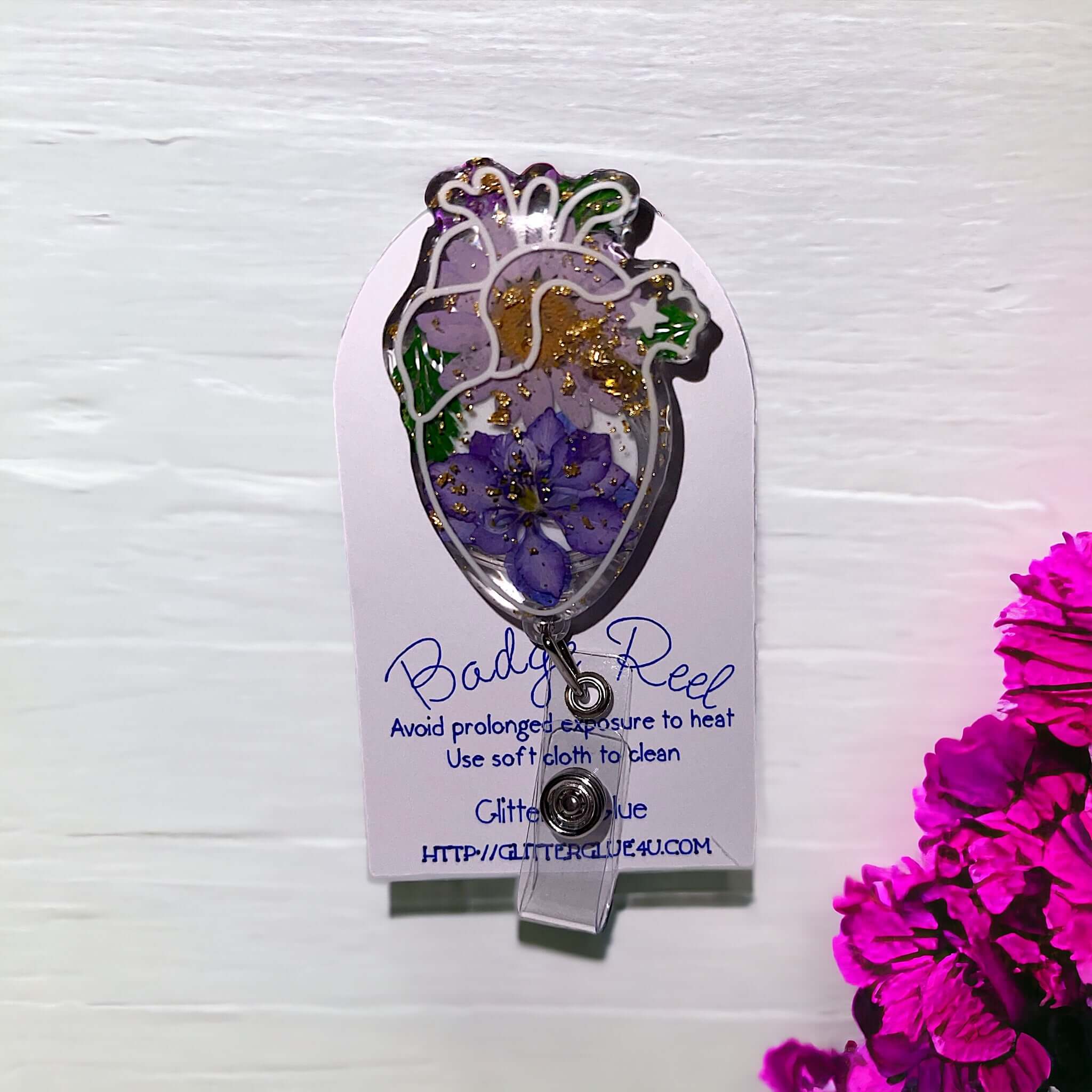 Badge Reel heart shaped Resin Dried Flowers Multiple Colors