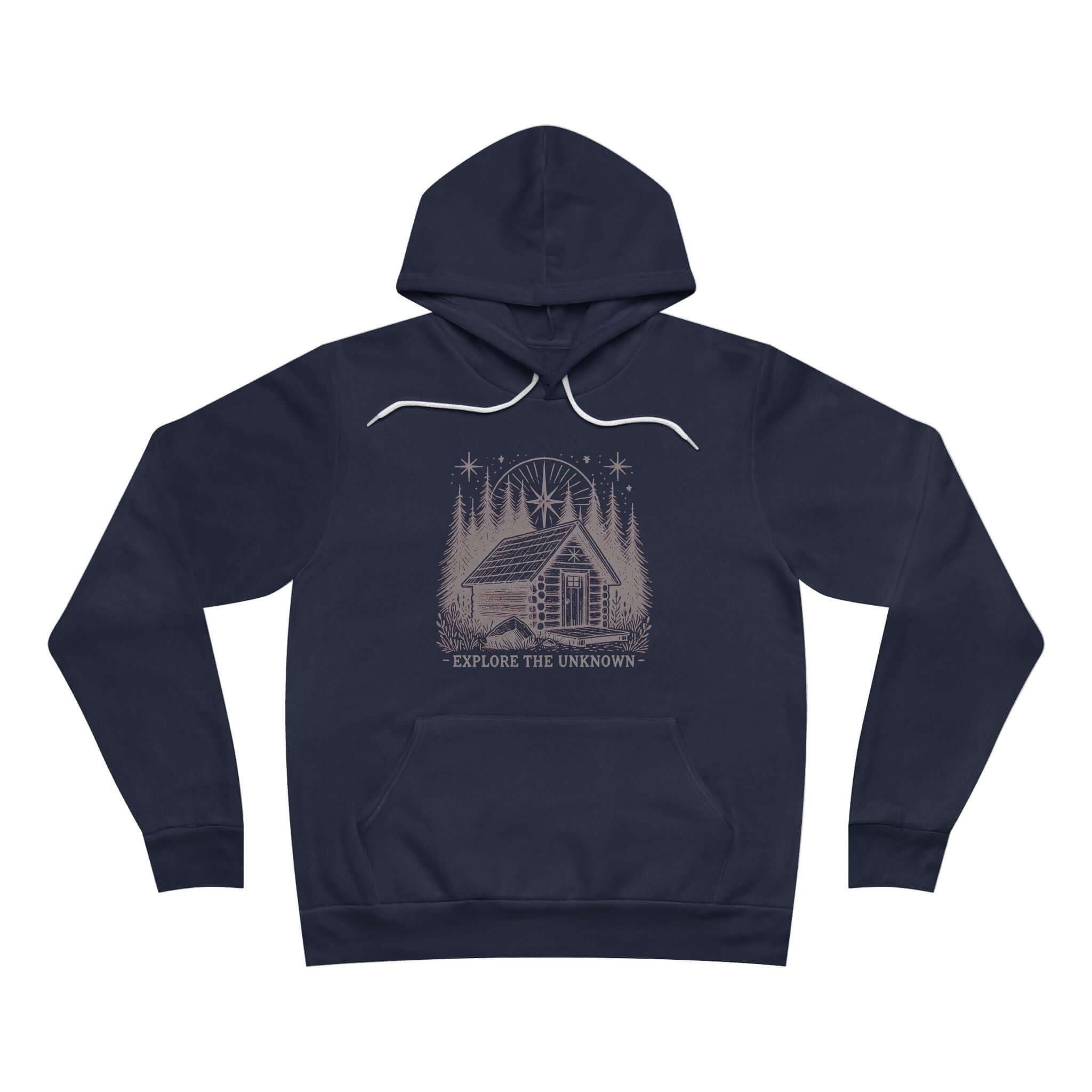 Explore the Unknown pullover fleece hoodie, unisex adult sweatshirt in dark blue with nature graphic.