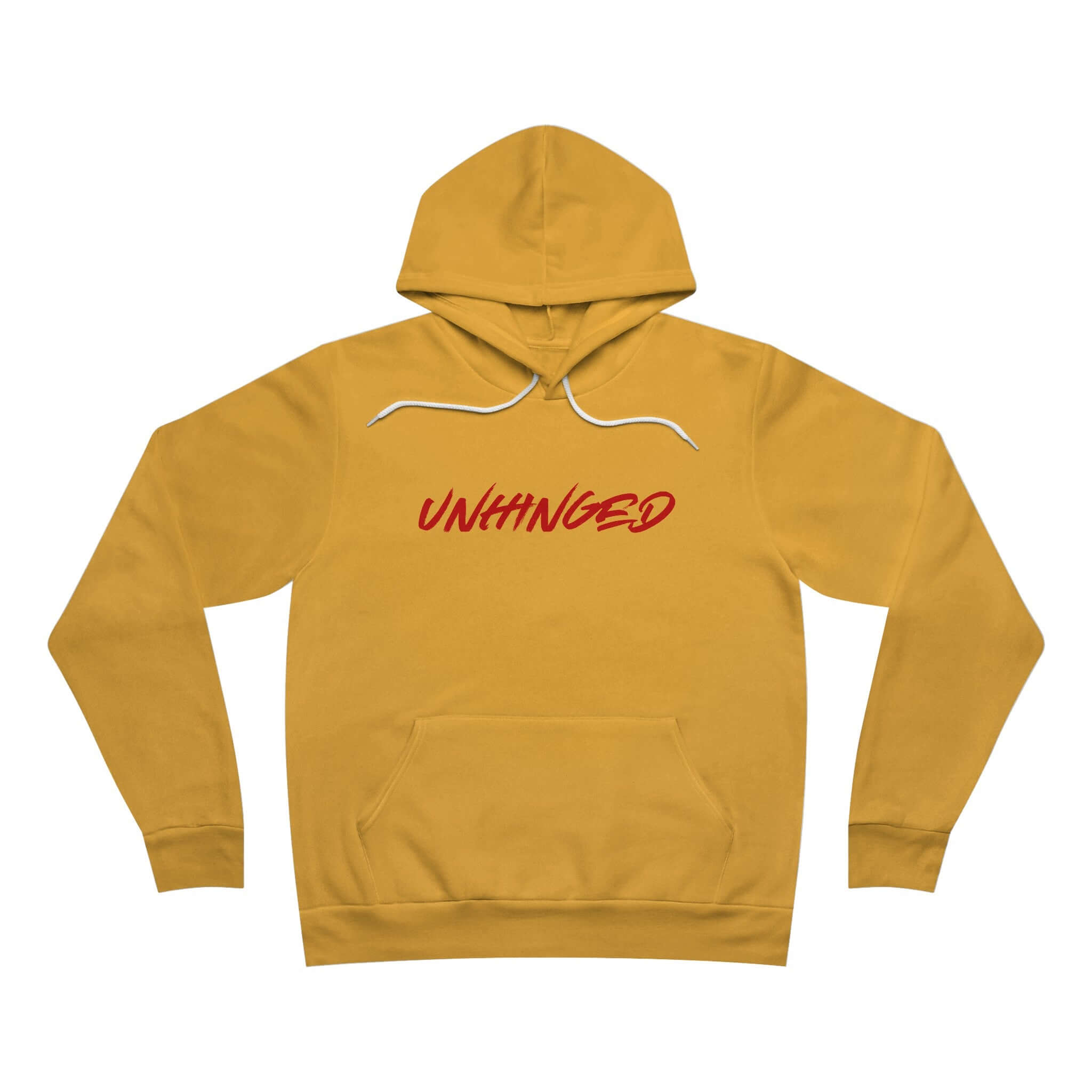 Unhinged unisex fleece pullover hoodie in yellow, featuring bold 'UNHINGED' lettering for a stylish casual look.