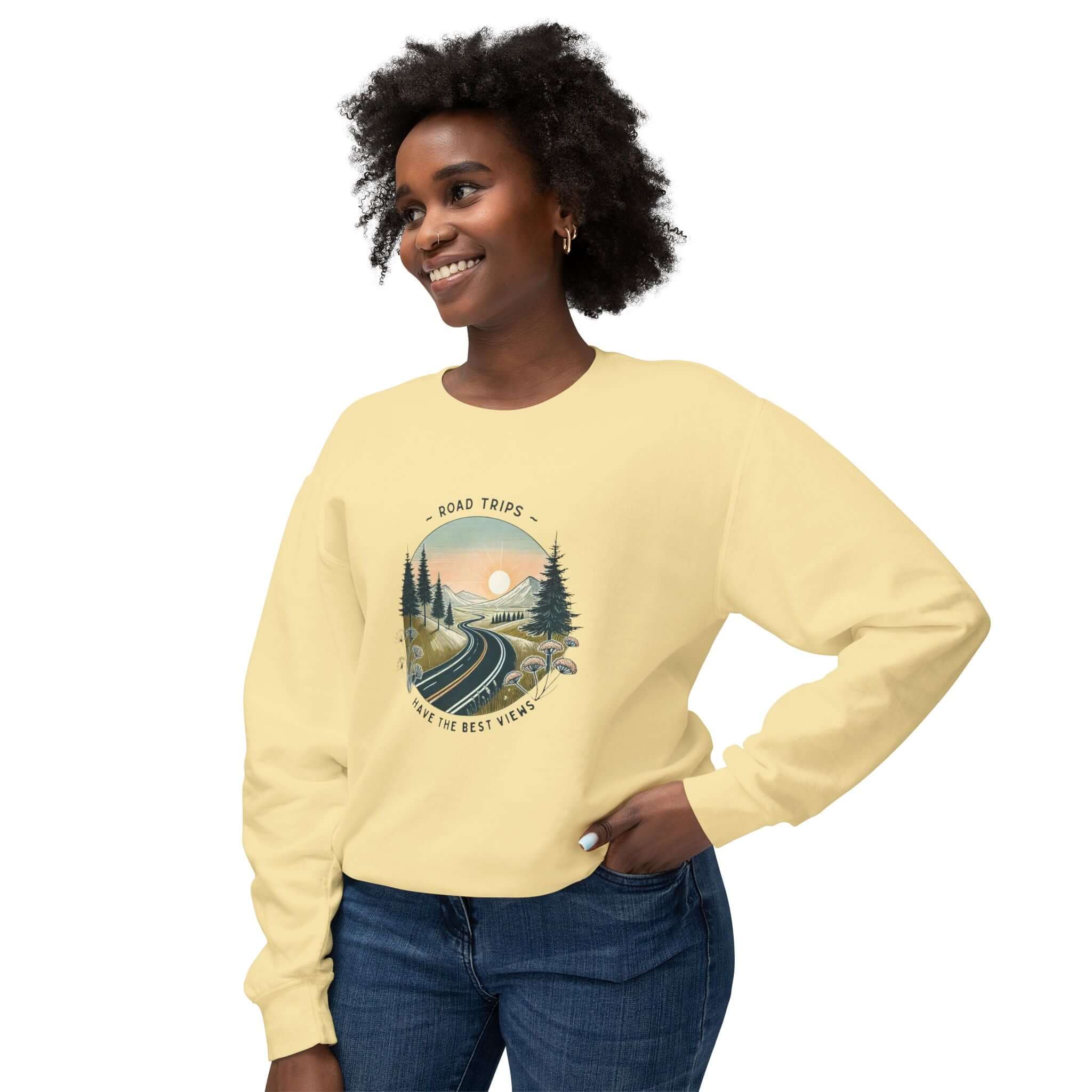 Unisex lightweight crewneck sweatshirt featuring 'Road Trips Have the Best Views' design, perfect for adventures.