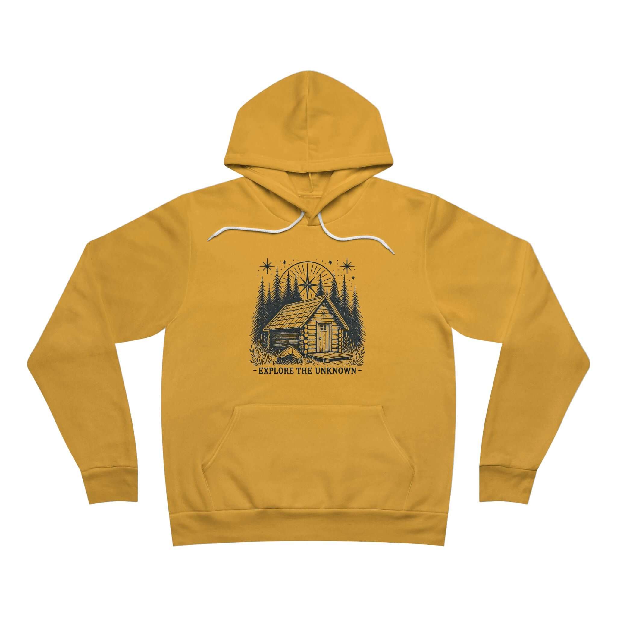 Explore the Unknown pullover fleece hoodie in mustard color, perfect for outdoor adventures, unisex adult sweatshirt.