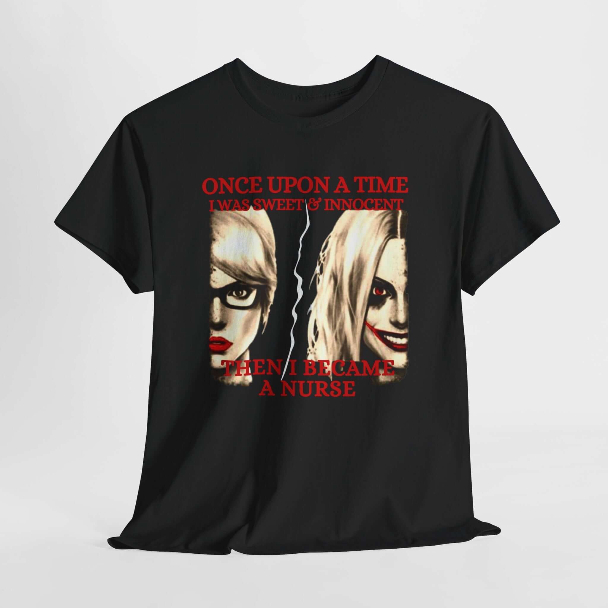 Unisex Heavy Cotton Tee featuring Harley Quinn split image with nurse design, playful style for fans.