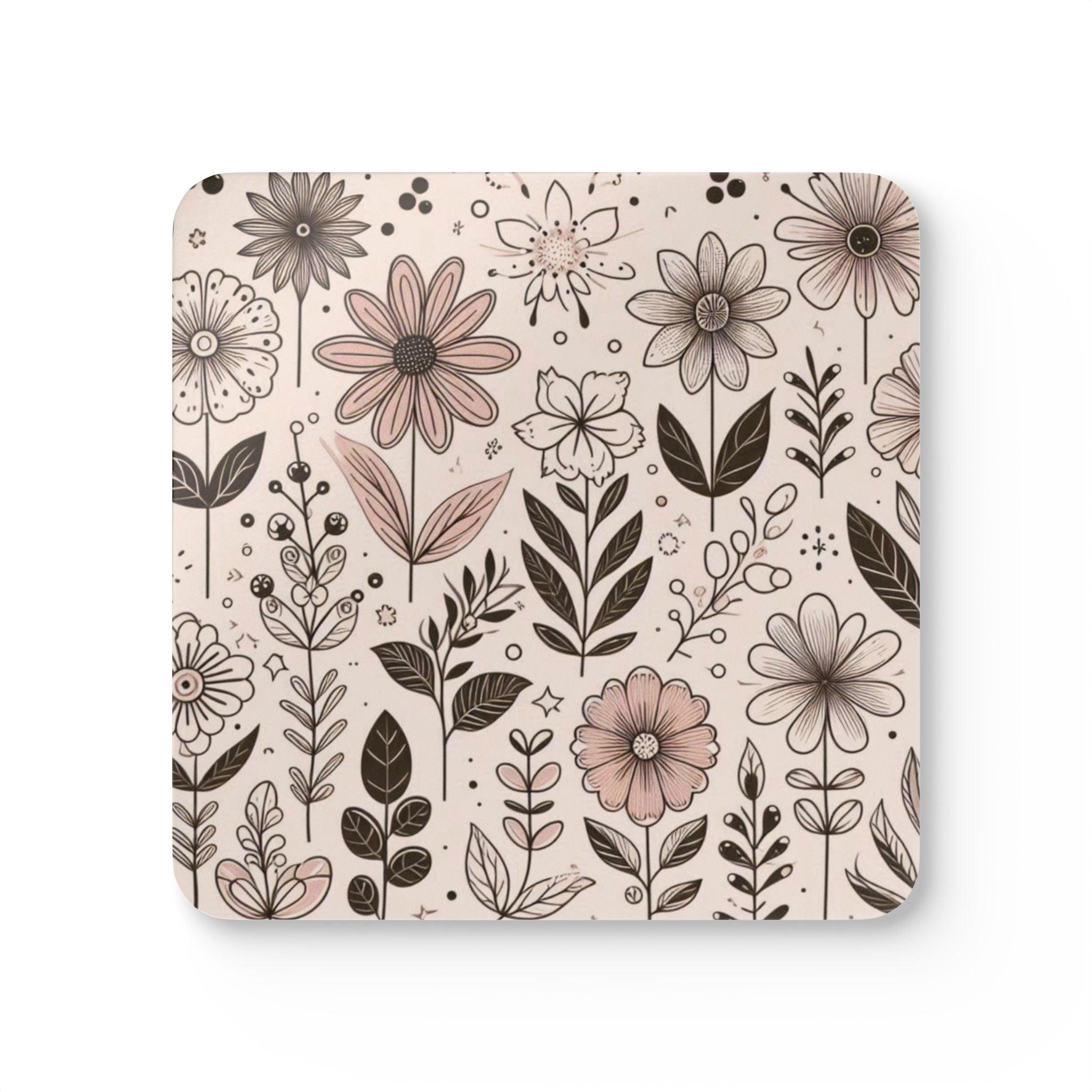 Floral Cork Coaster Set - Botanical Drink Coasters for Home Decor, Gift for Garden Lovers, Rustic Dining, Coffee Table Accessories
