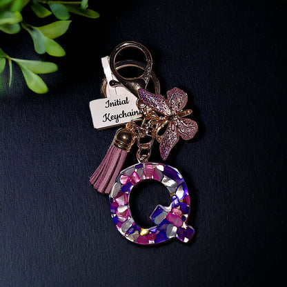 Multiple Color Stone Resin Keychain with Butterfly Charm and Tassel