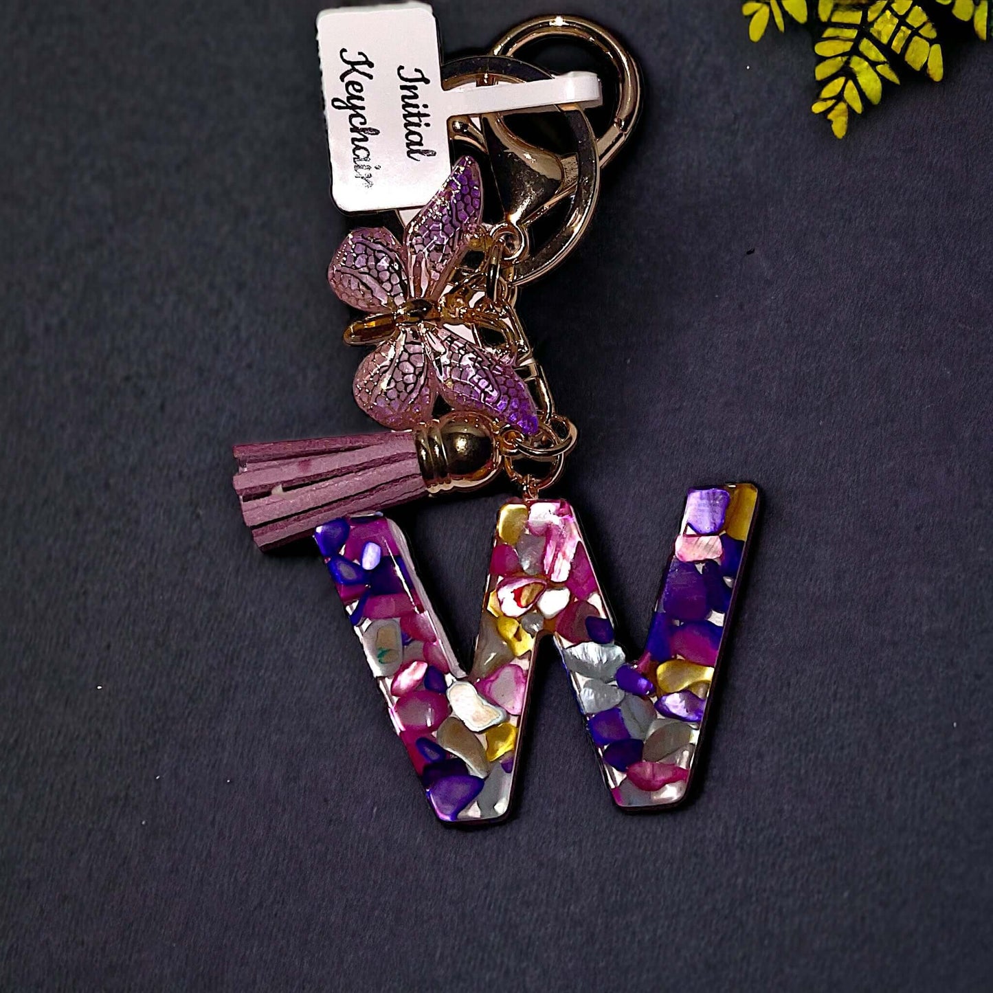 Multiple Color Stone Resin Keychain with Butterfly Charm and Tassel