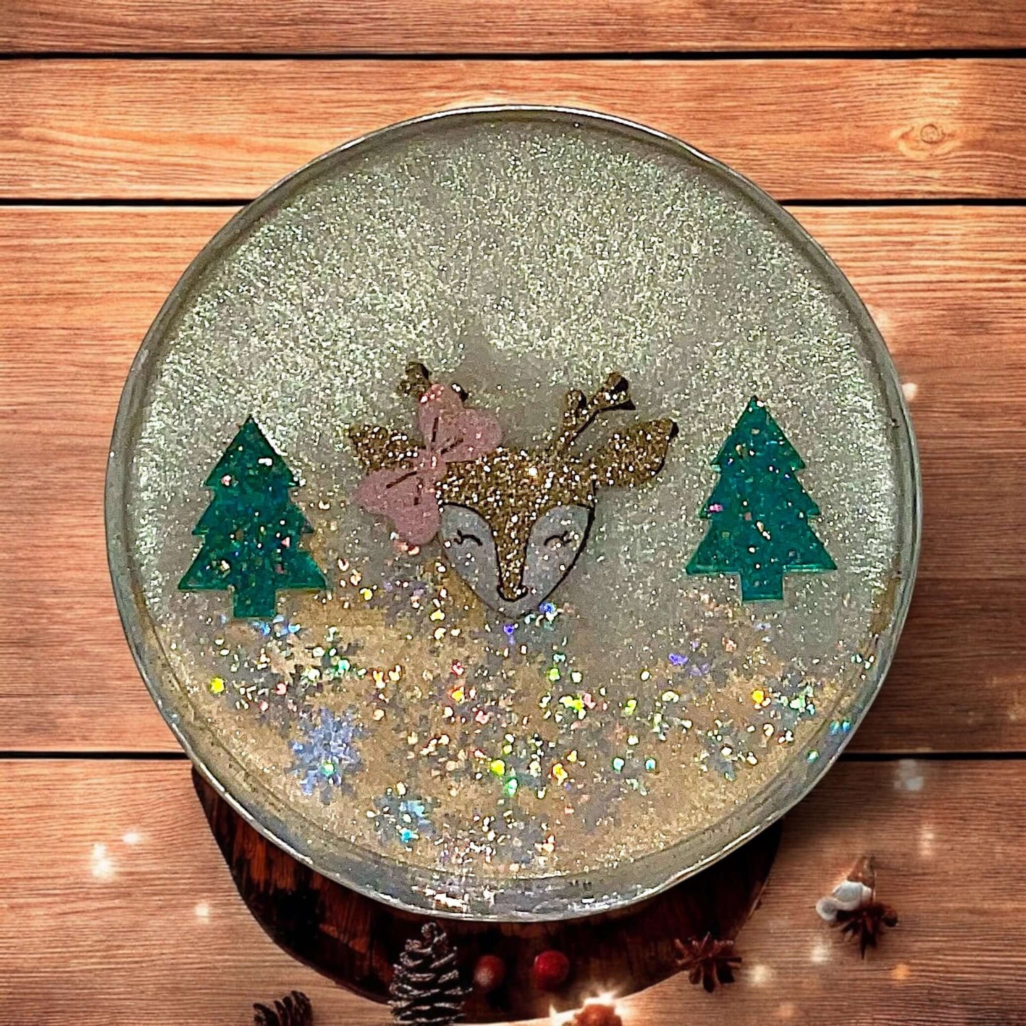 Reindeer with Christmas trees resin coaster