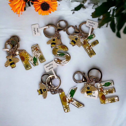 Yellow Flowers Gold Flakes Resin Initial Keychain with Bumble Bee Charm