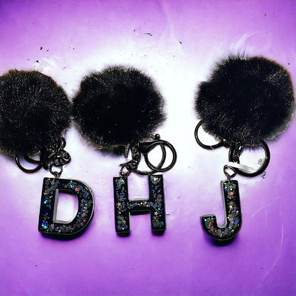 Initial Keychain Black Star Glitter and Black Pom Pom