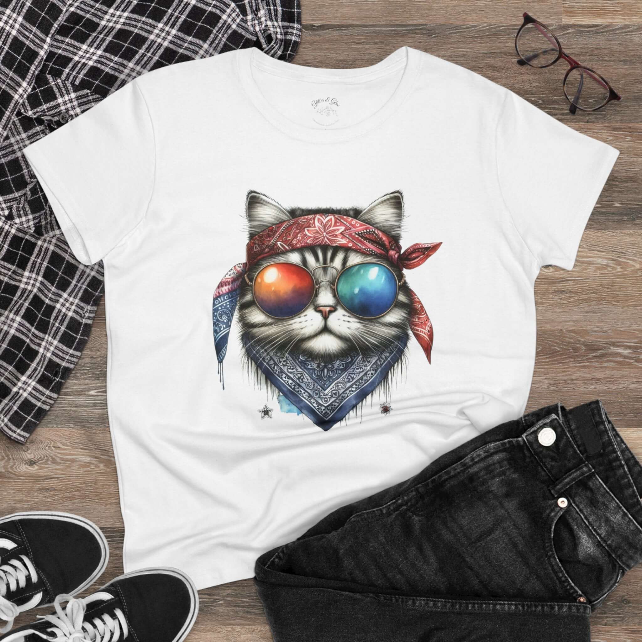 Cat Sunglasses and Bandanna Womens Cotton Tee