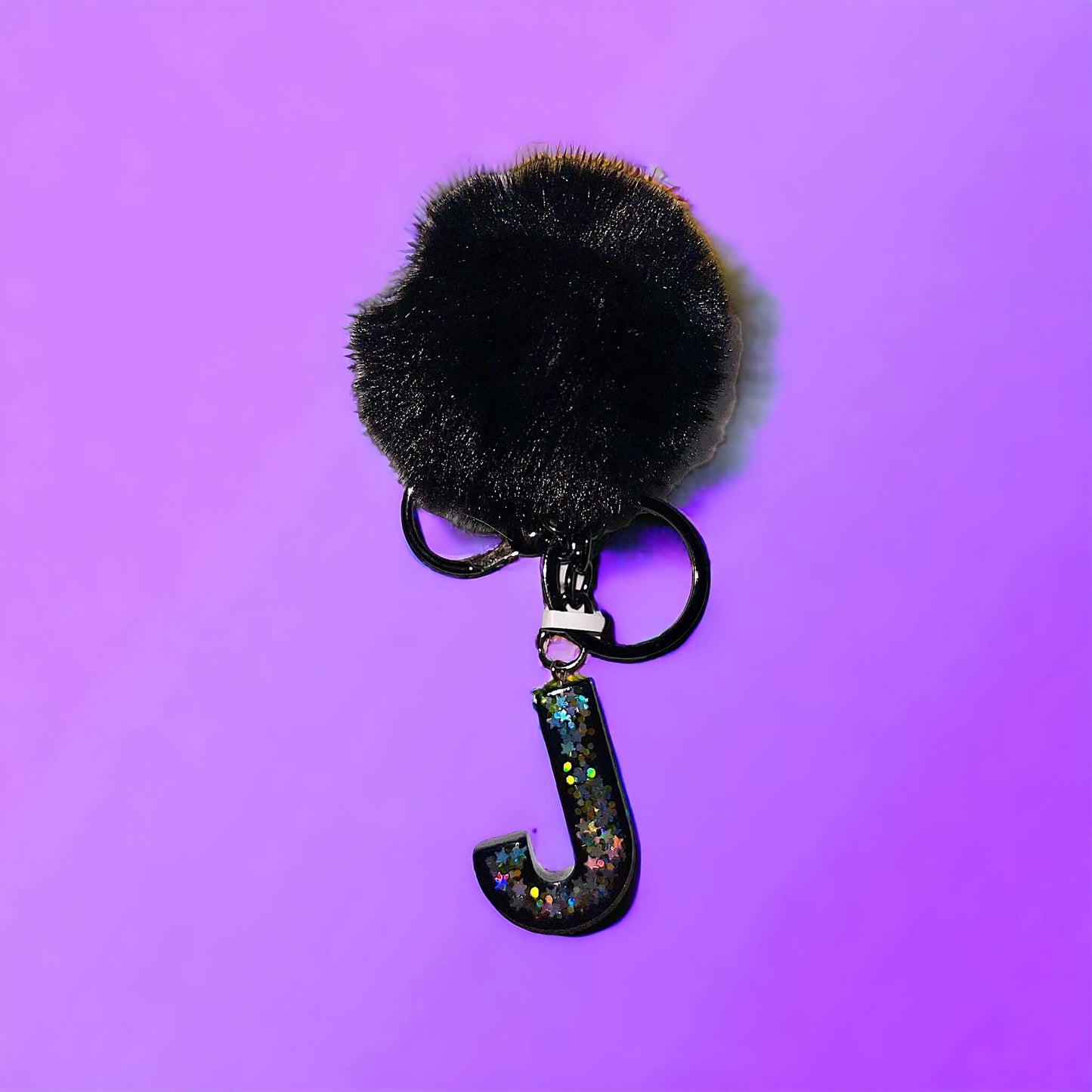 Initial Keychain Black Star Glitter and Black Pom Pom